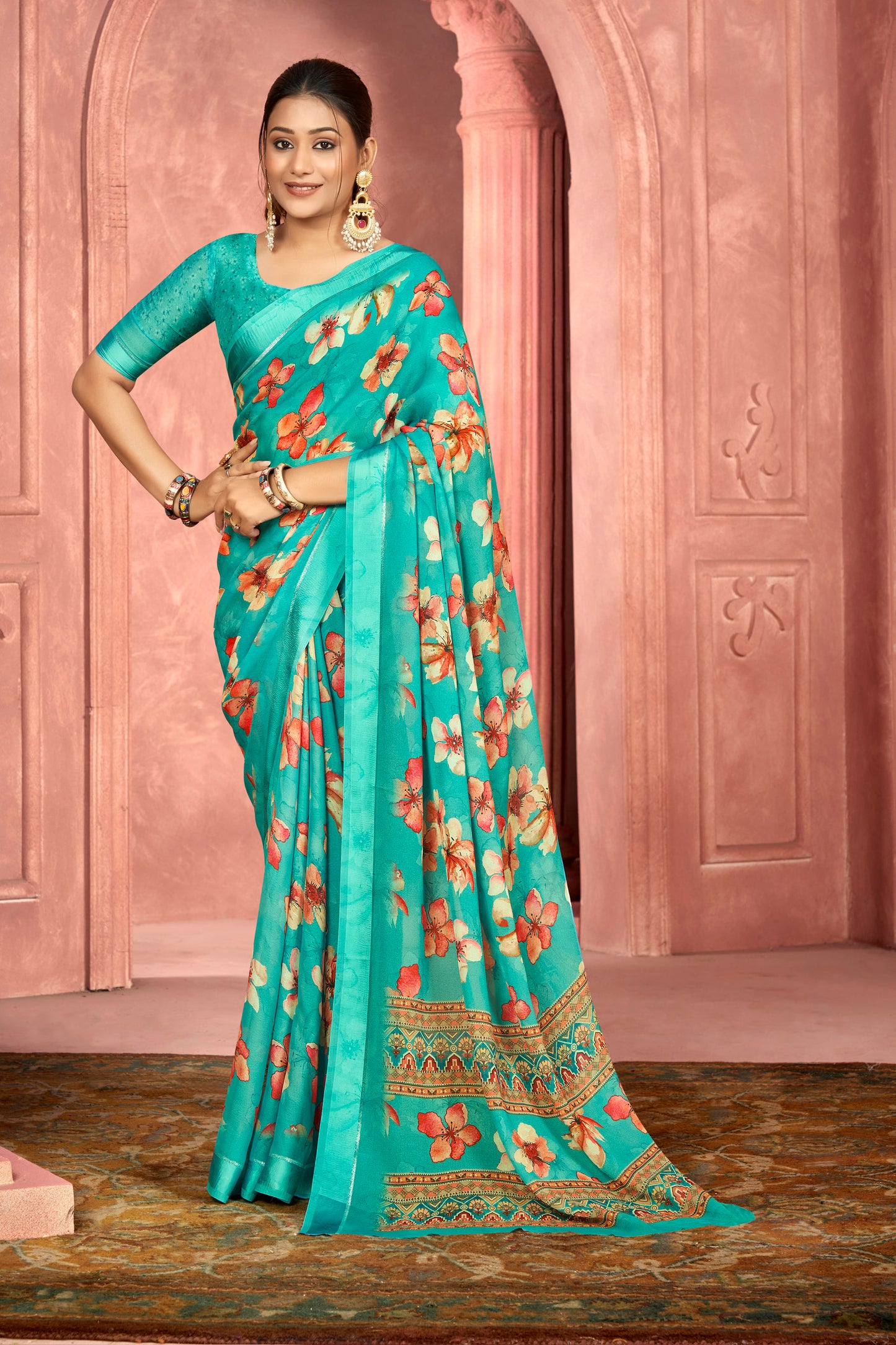 Samriddhi – Turquoise Moss Georgette Digital Print Saree with Satin Patta Border