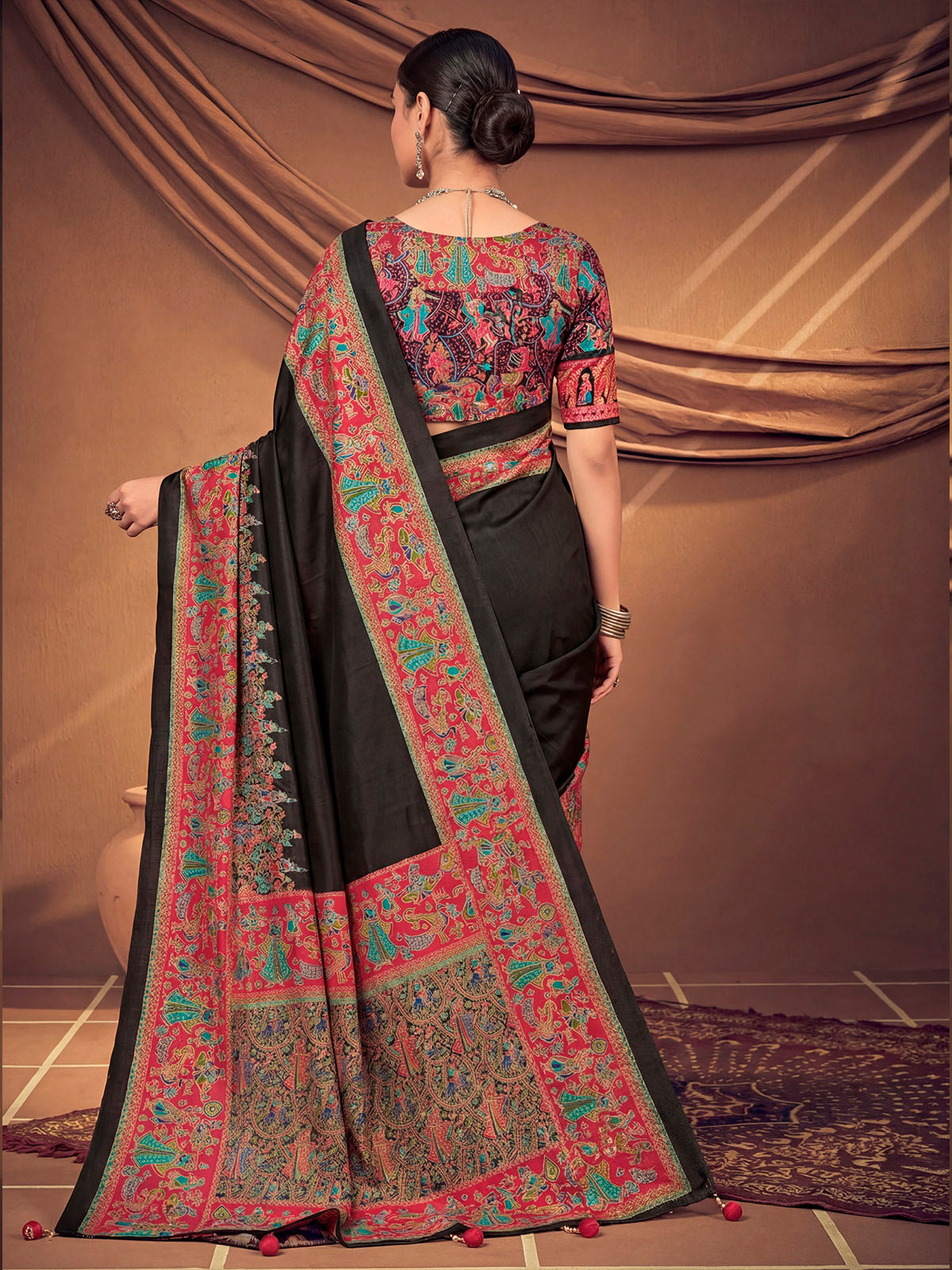 Kumuda - Black Mysore Silk Jari Printed with Tessals