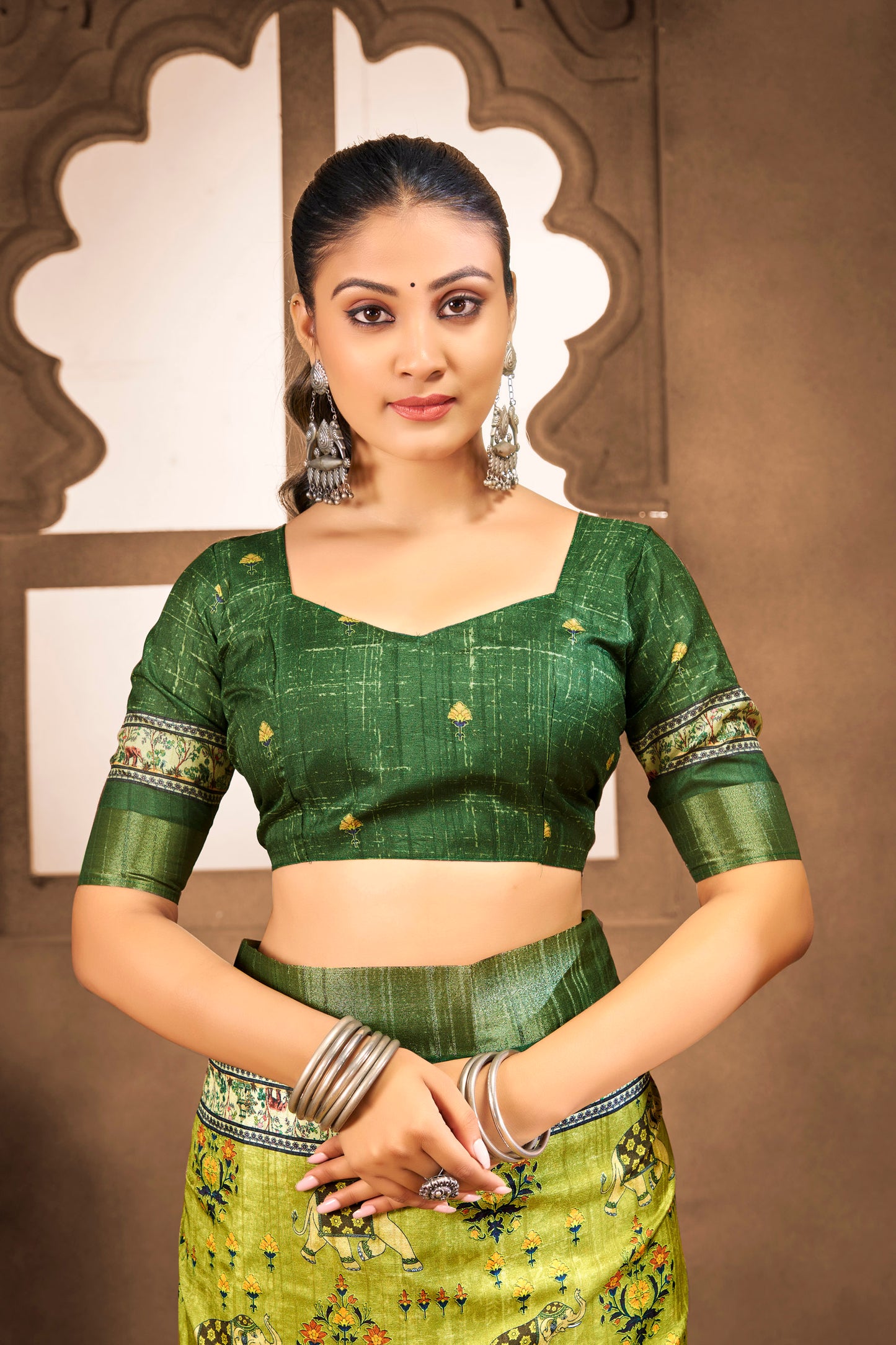 Devsena – Lime Green Silk Digital Print Saree