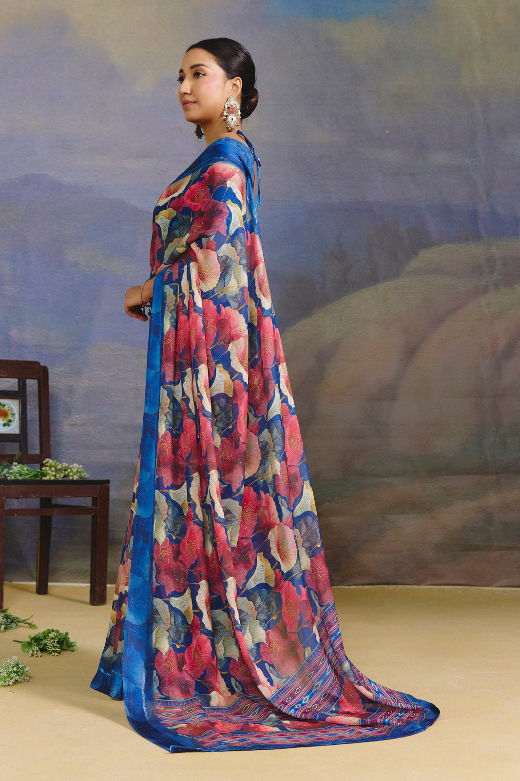 Samriddhi - Blue Moss Georgette Digital Print Saree with Satin Patta Border