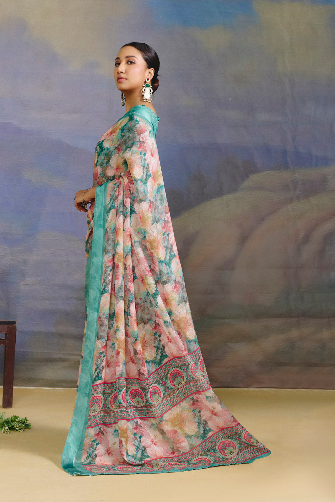 Samriddhi - Turquoise Moss Georgette Digital Print Saree with Satin Patta Border