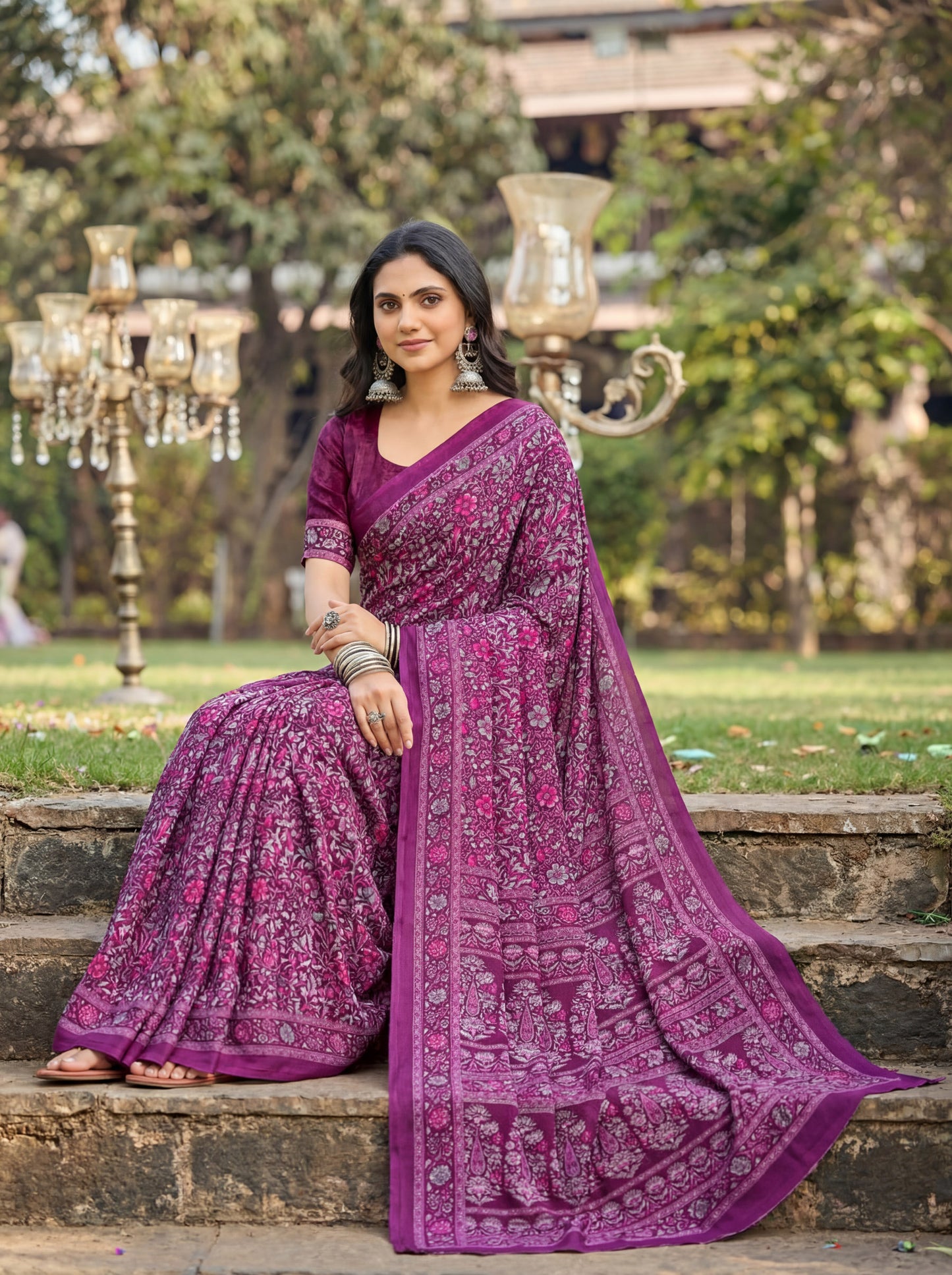 Rajkala - Purple Printed Crepe Silk Saree