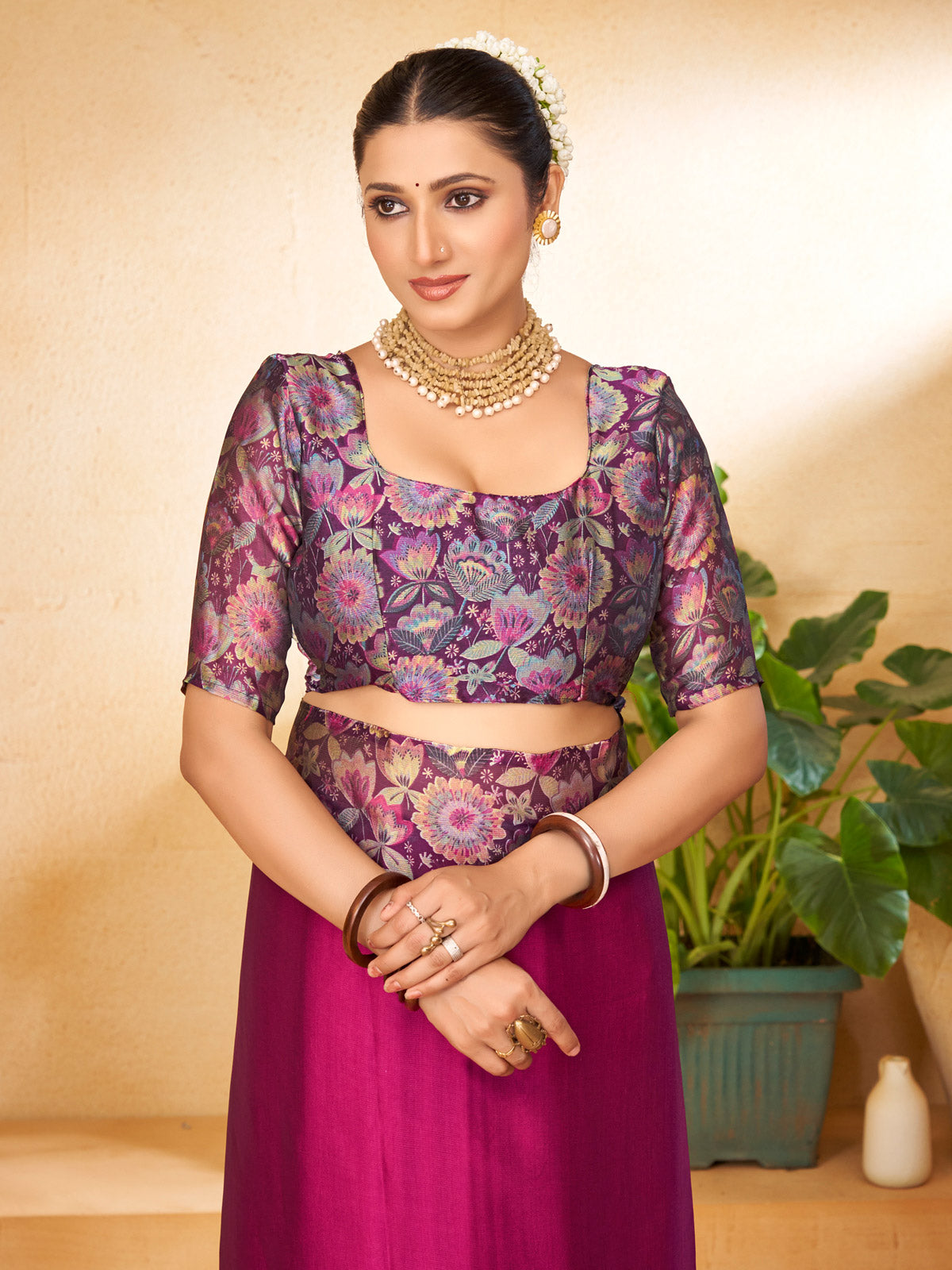 Ekvarna - Purple Printed Chiffon Saree