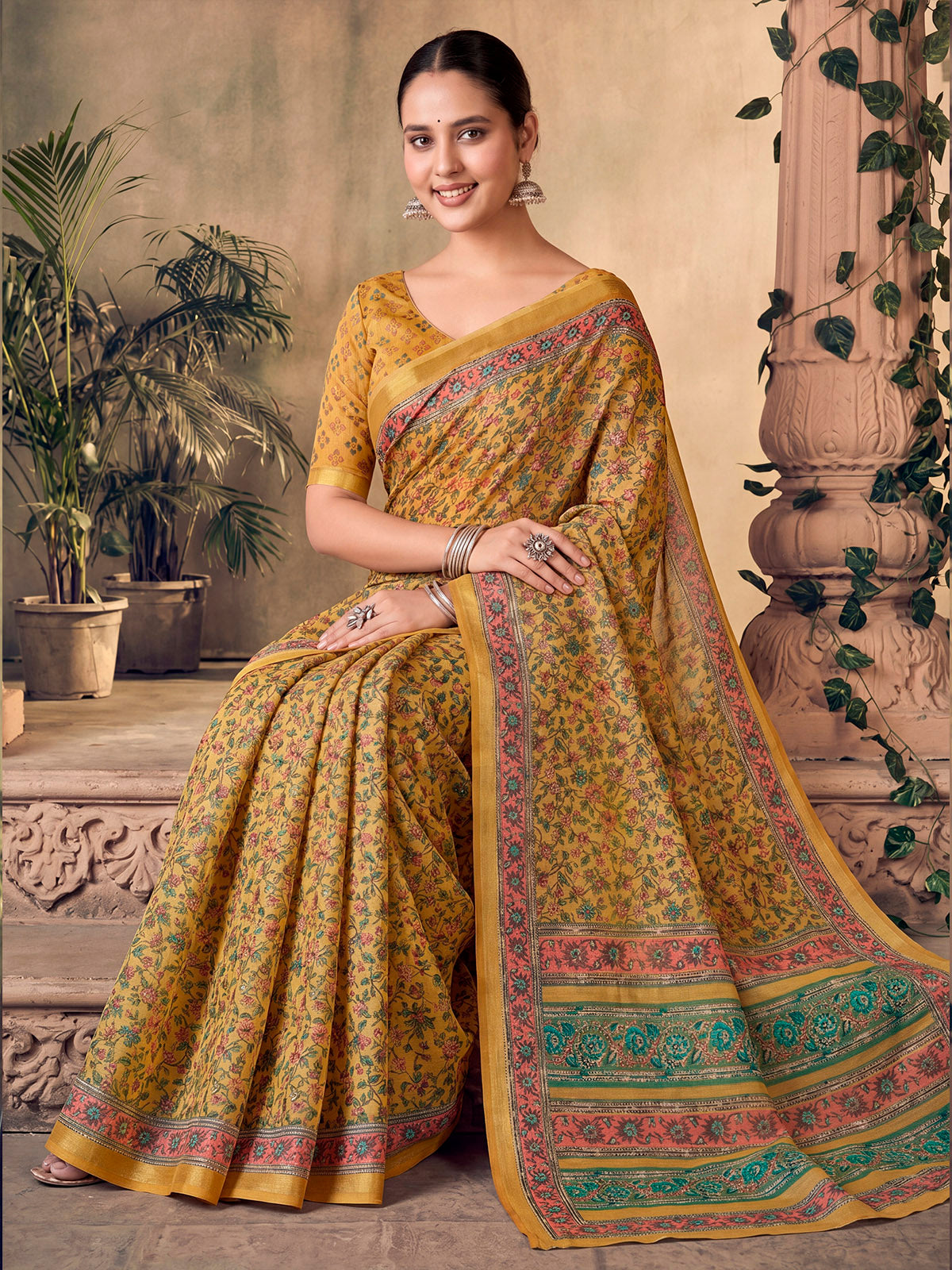 Amrapali - Yellow Chanderi Cotton Digital Printed Saree with Zari Border