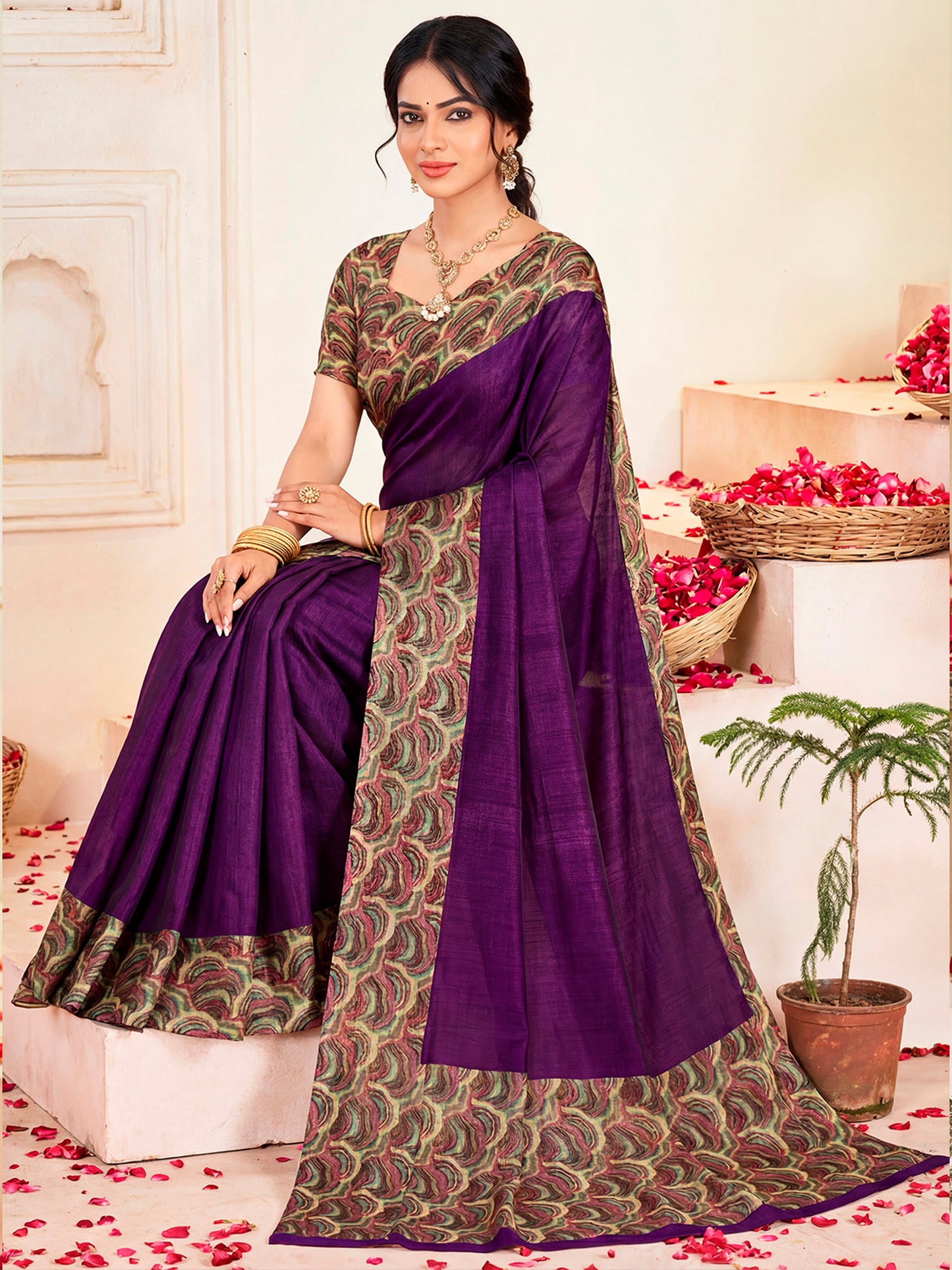 Ekvarna - Purple Printed Chiffon Saree