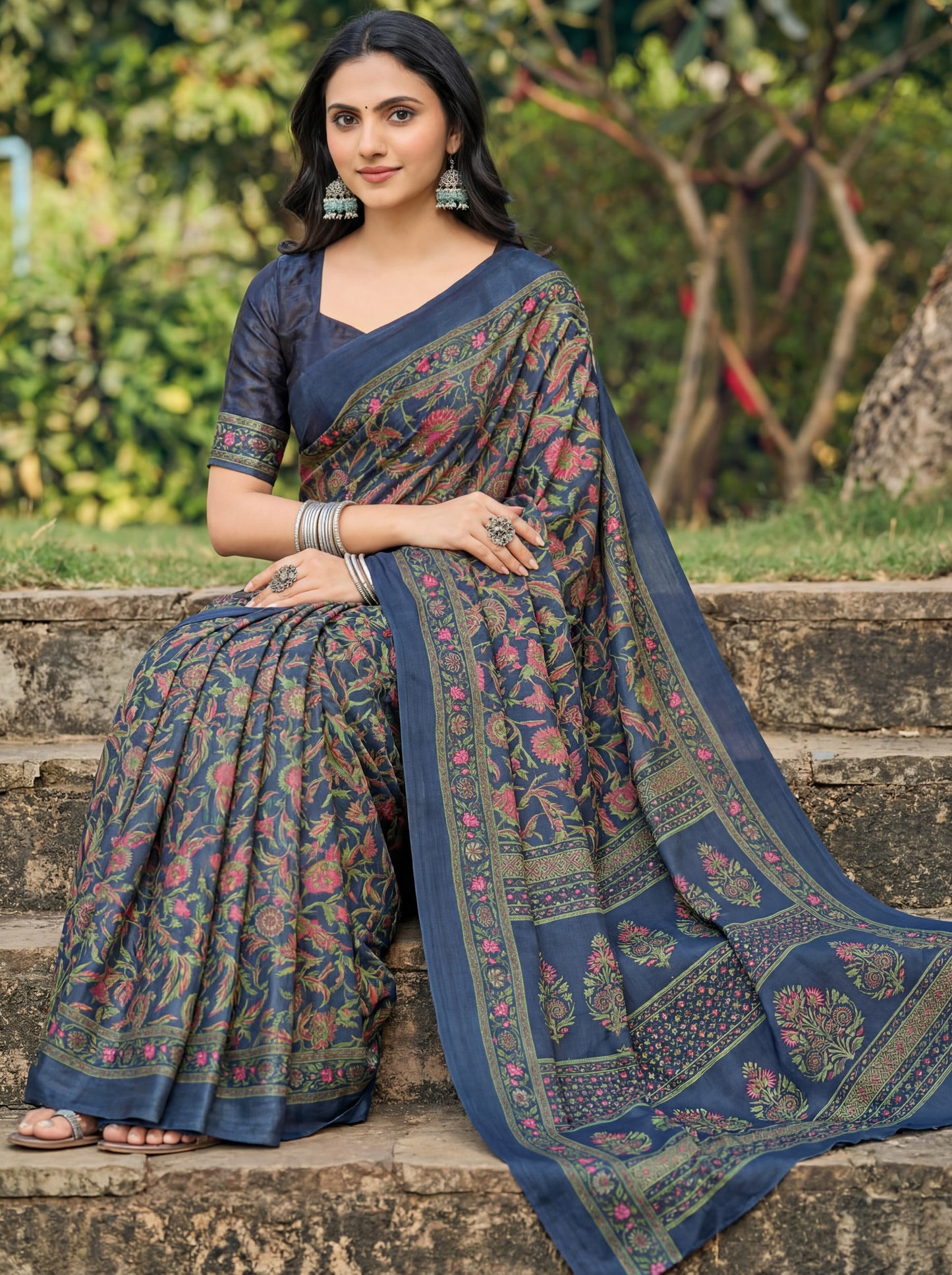 Rajkala - Navy Blue Printed Crepe Silk Saree