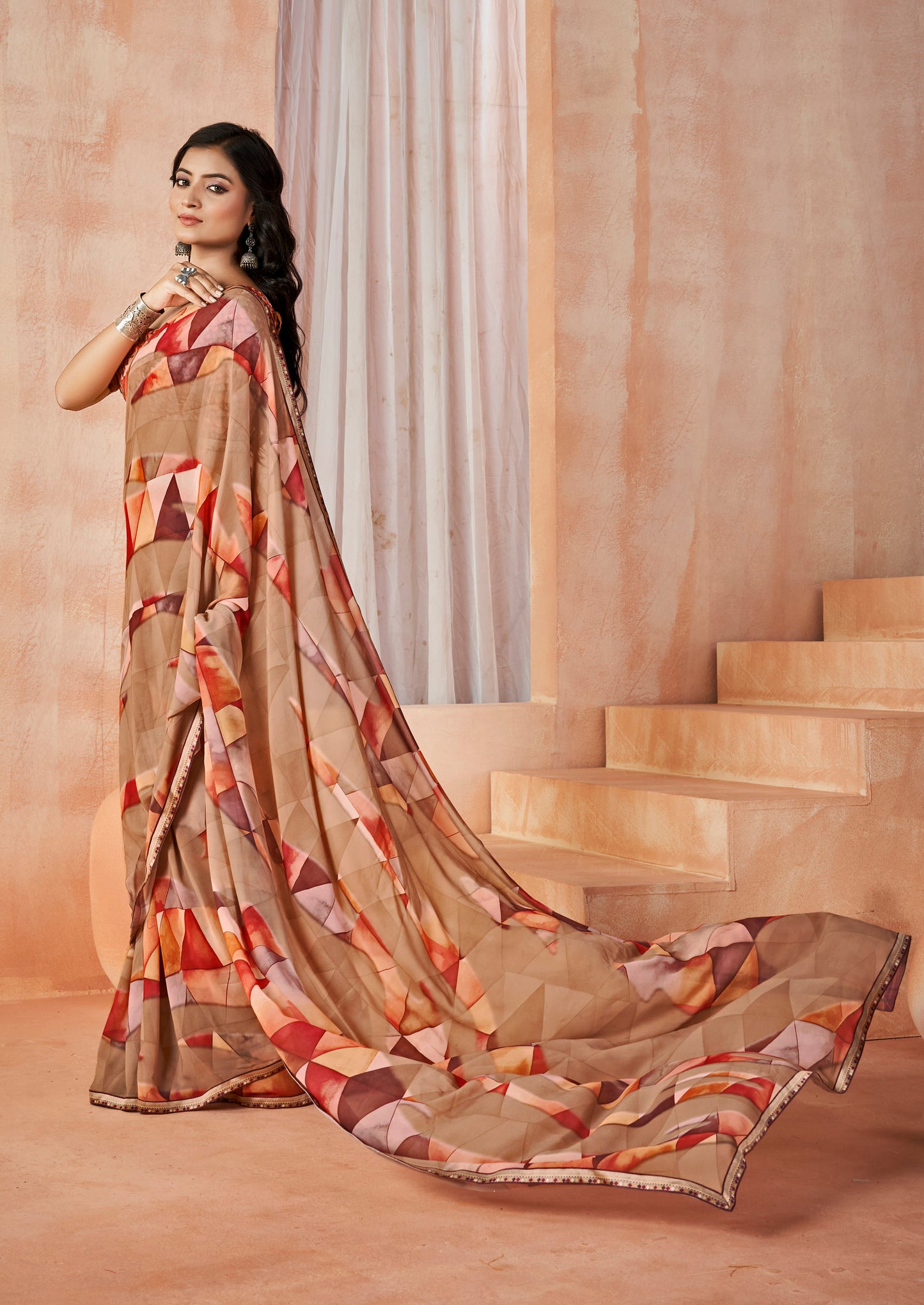 Sumedha - Beige Digital Printed Georgette Saree