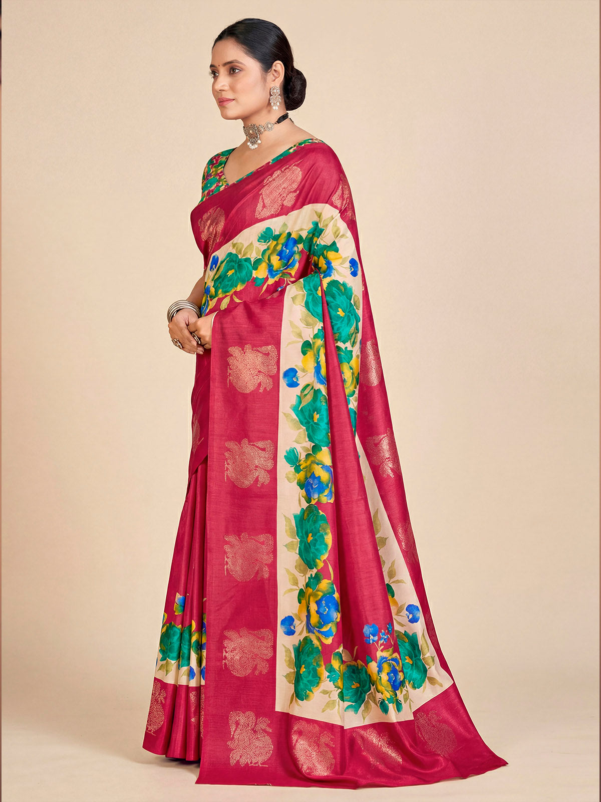 Rajkumari - Red Printed Soft Silk Saree with Silk Foil Work