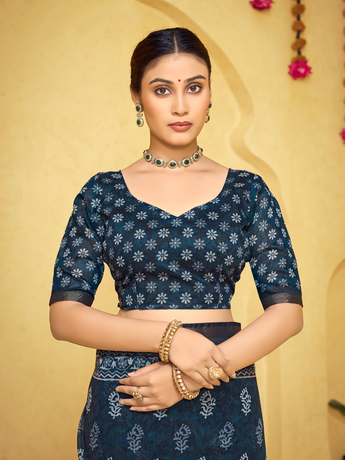 Amrapali - Navy Blue Chanderi Cotton Digital Printed Saree with Zari Border