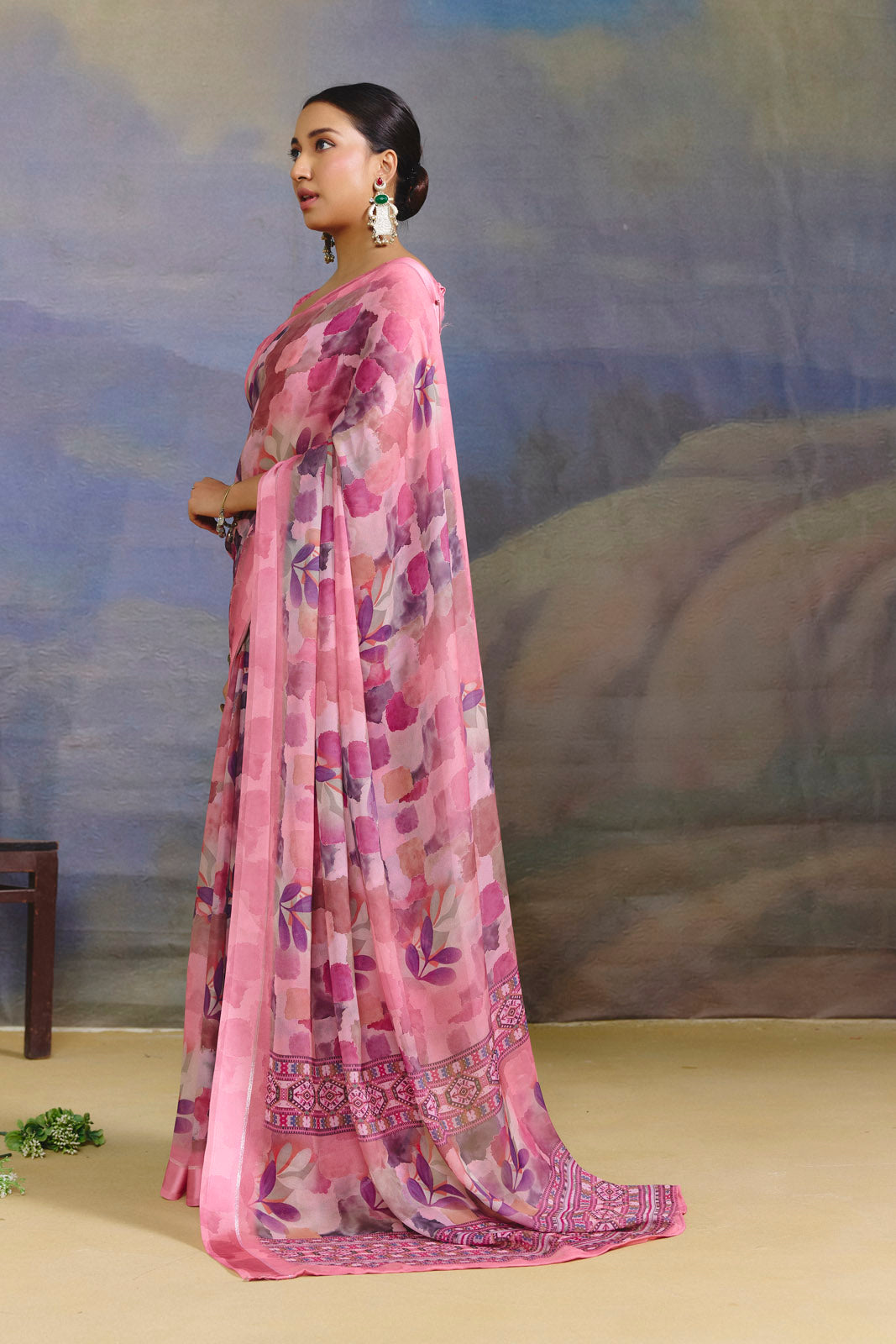 Samriddhi - Mauve Moss Georgette Digital Print Saree with Satin Patta Border
