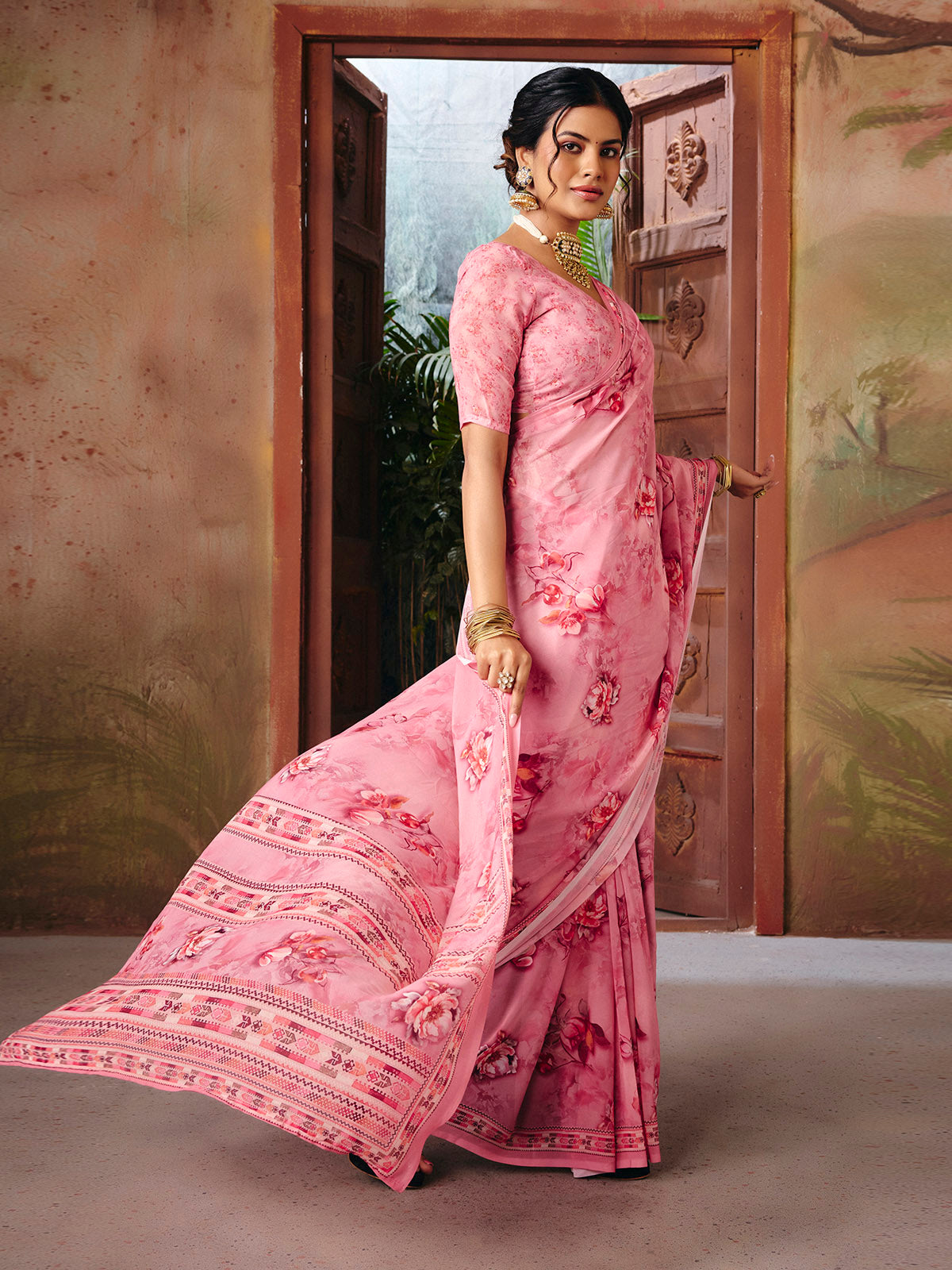 Riddhi - Pink Georgette Floral Digital Printed Saree