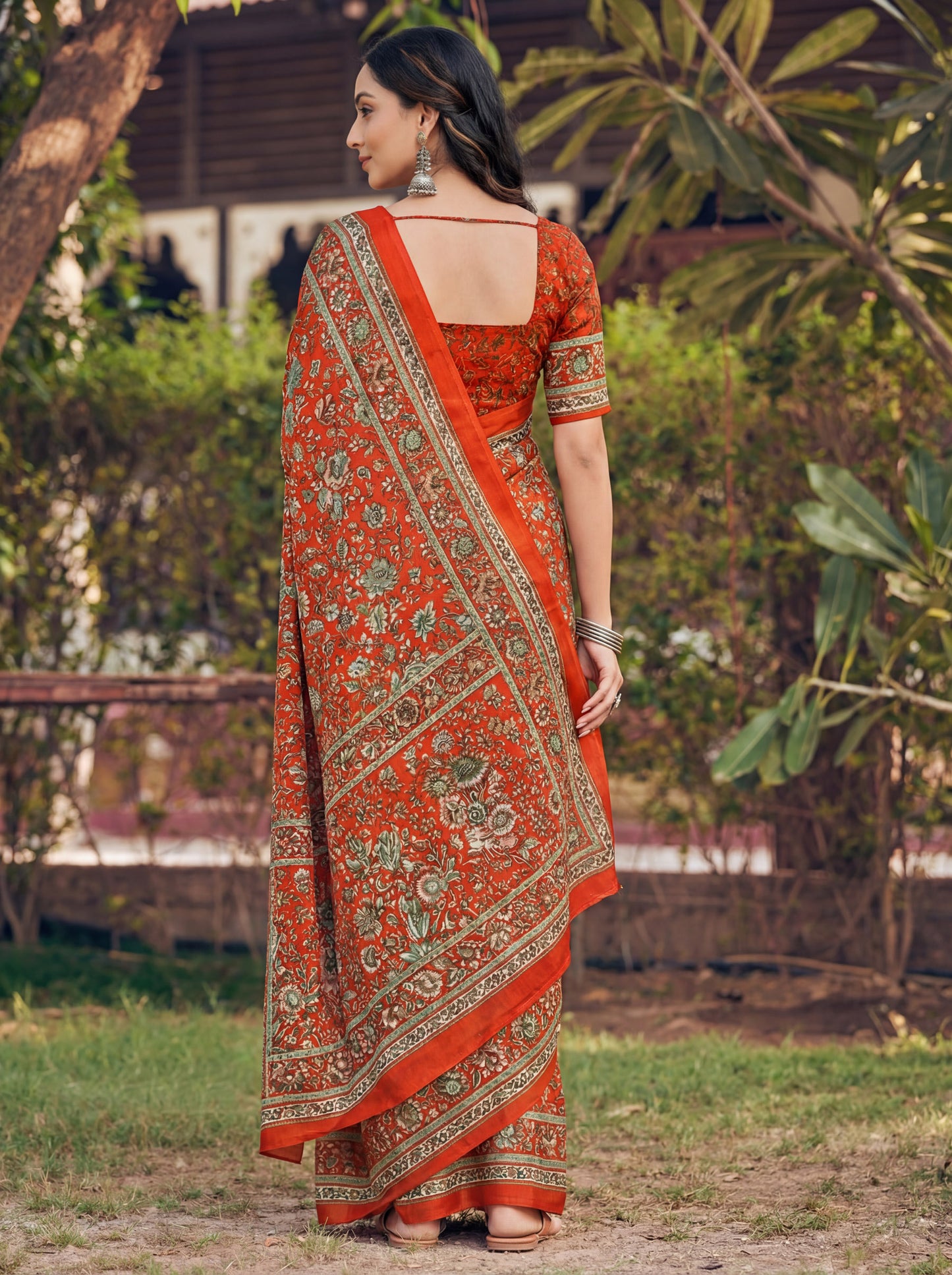 Rajkala - Brick Red Printed Crepe Silk Saree