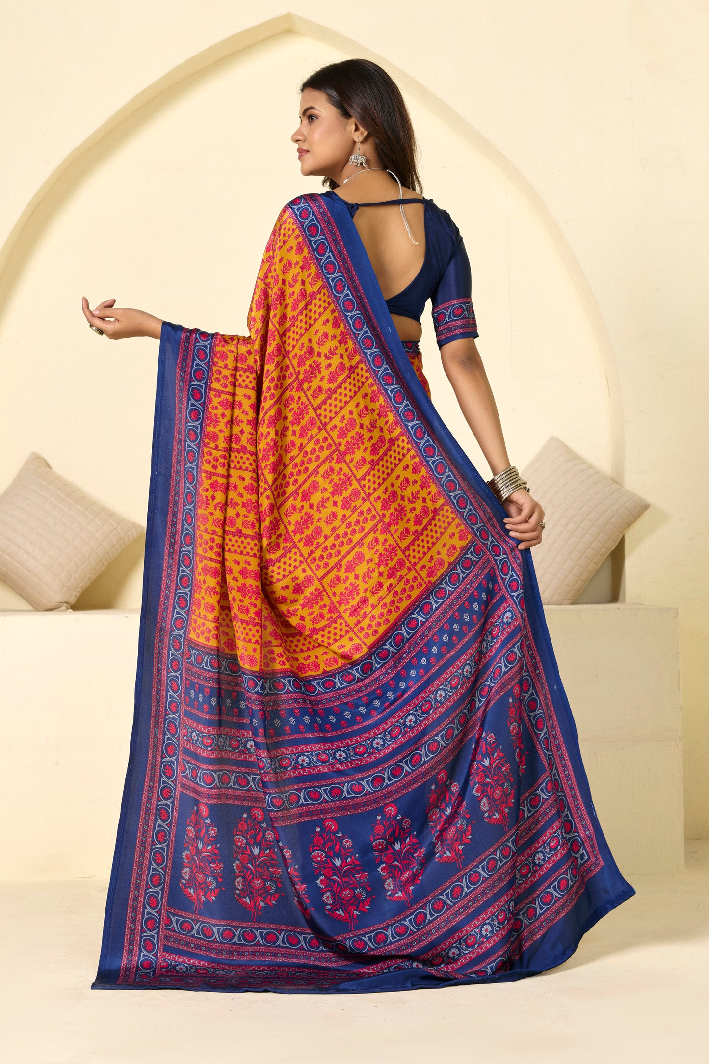 Rajkala - Yellow Floral Printed Crepe Silk Saree