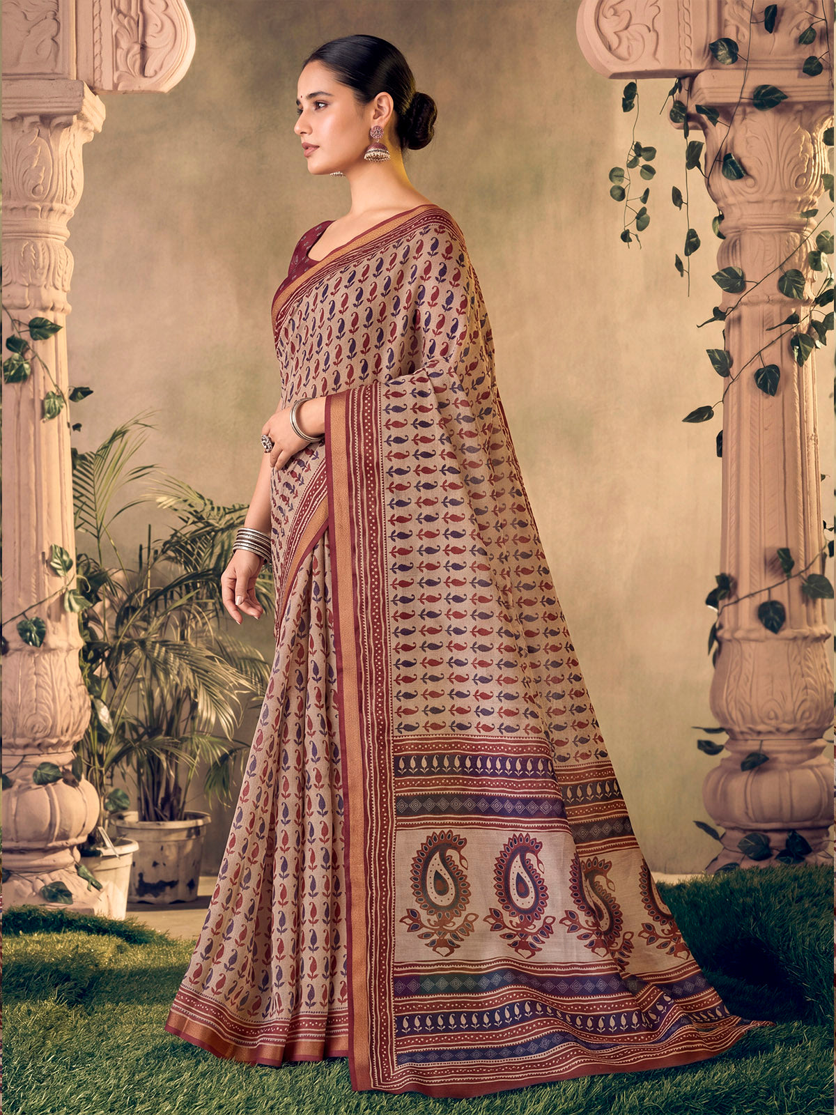 Amrapali - Beige Chanderi Cotton Digital Printed Saree with Zari Border
