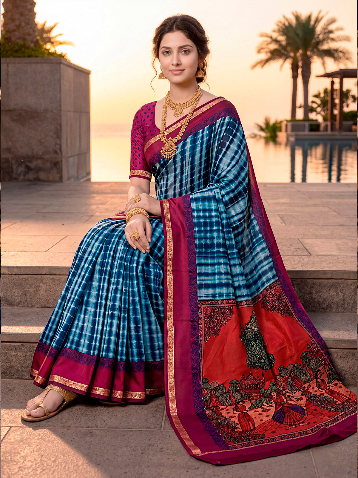 Monalisa - Blue Printed Liva Cotton Silk Saree