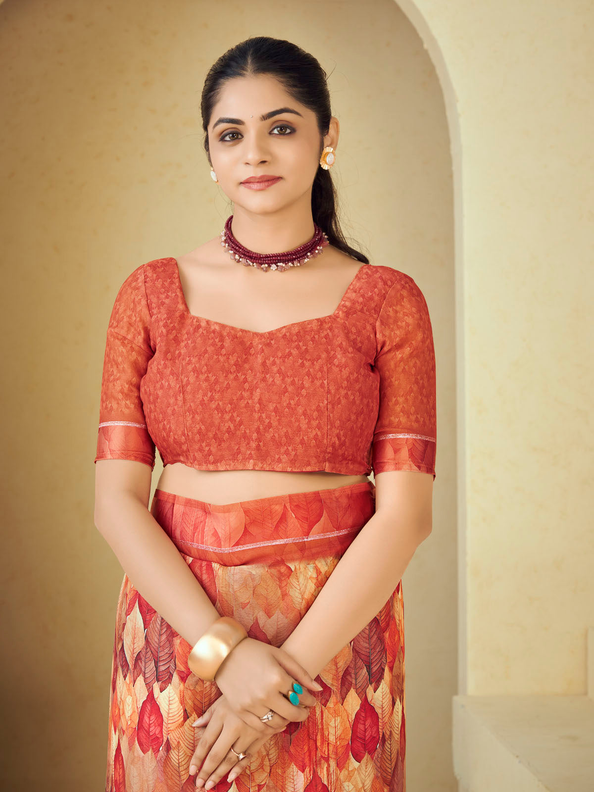 Samriddhi - Orange Moss Georgette Digital Print Saree with Satin Patta Border
