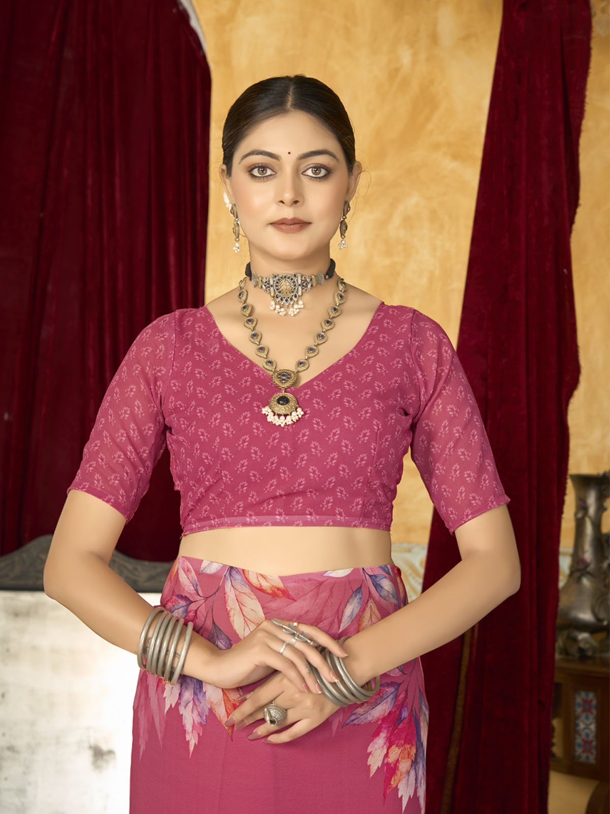 Riddhi - Coral Georgette Floral Digital Printed Saree