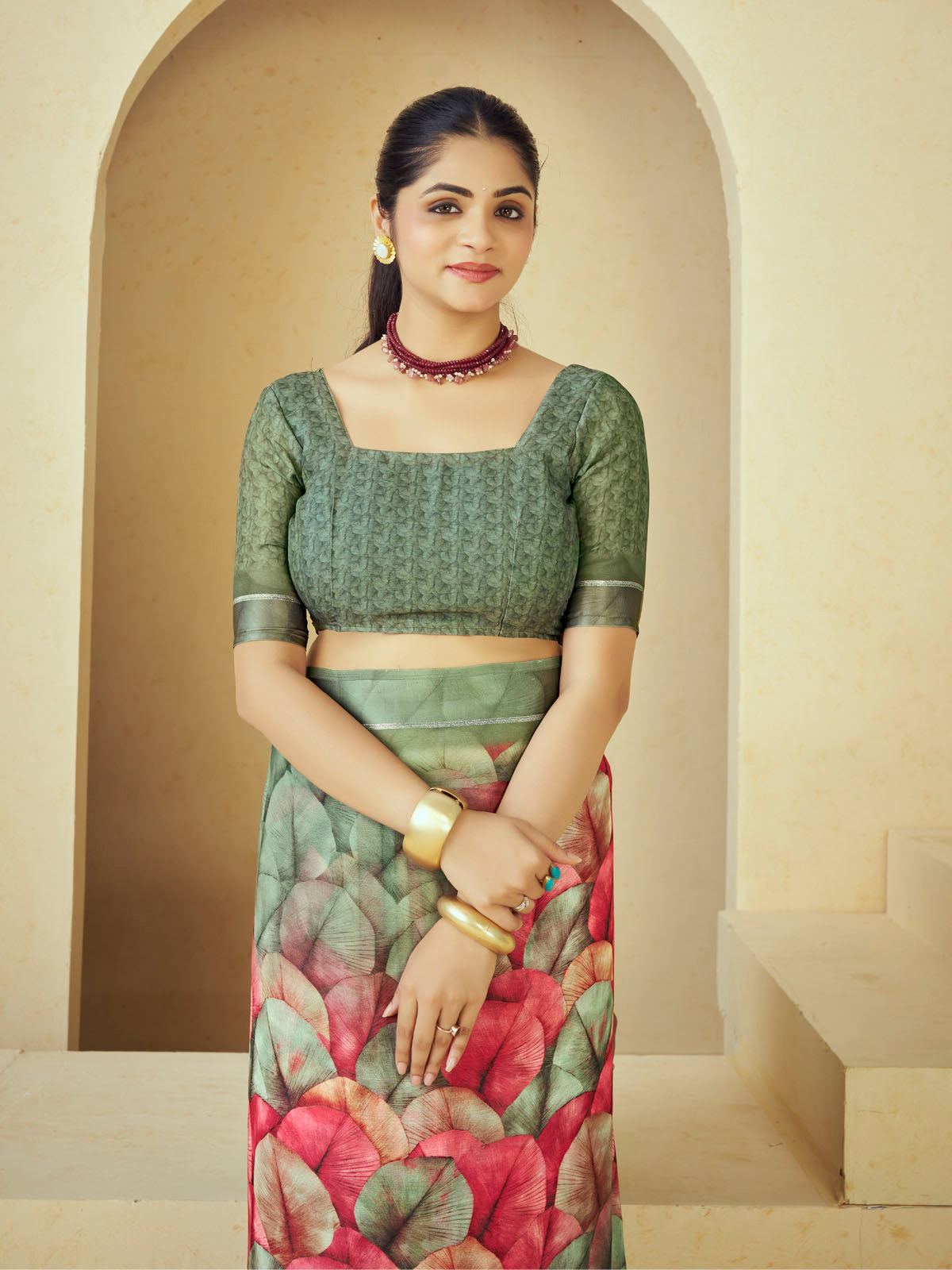 Samriddhi - Olive Green Moss Georgette Digital Print Saree with Satin Patta Border