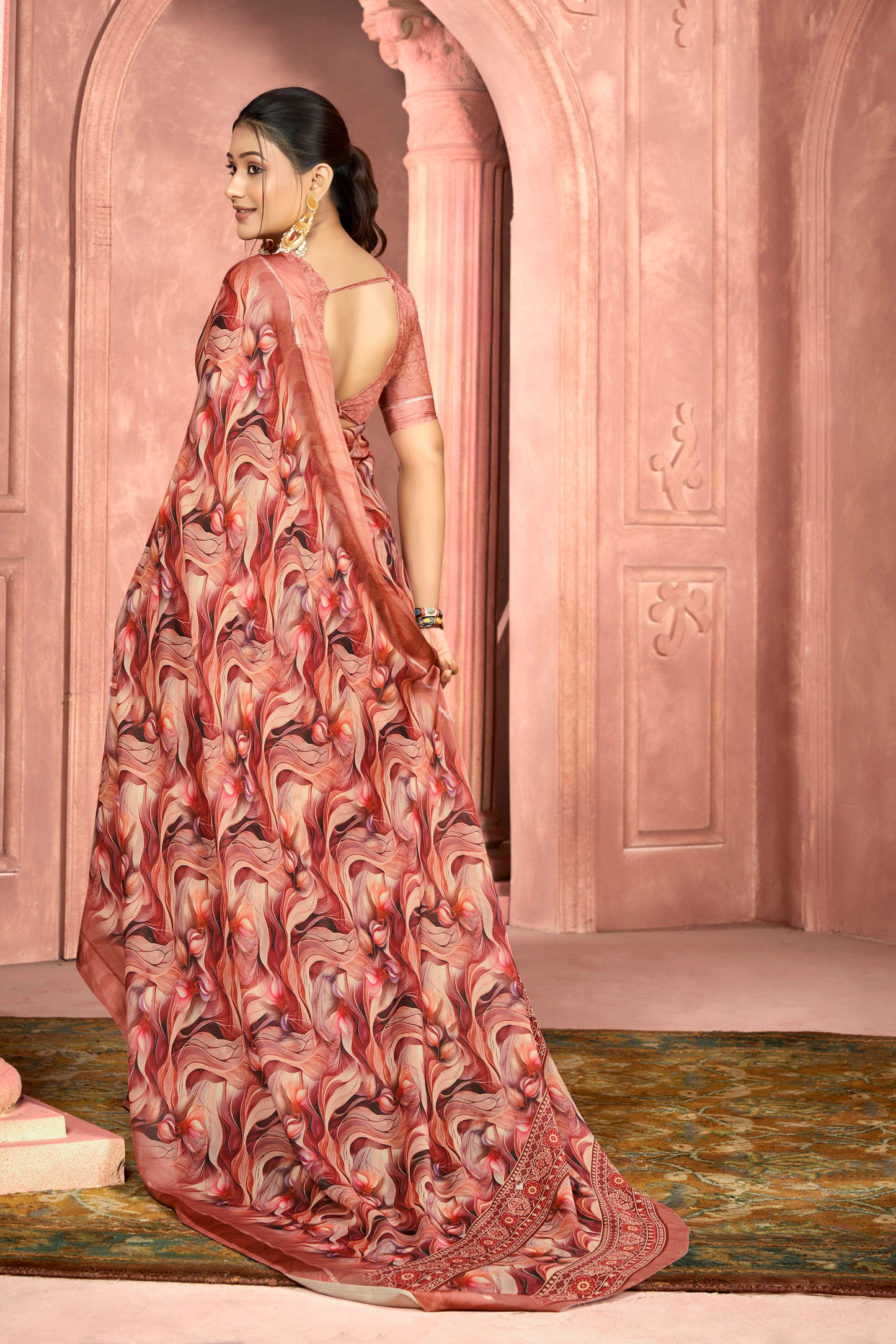 Samriddhi – Peach Moss Georgette Digital Print Saree with Satin Patta Border