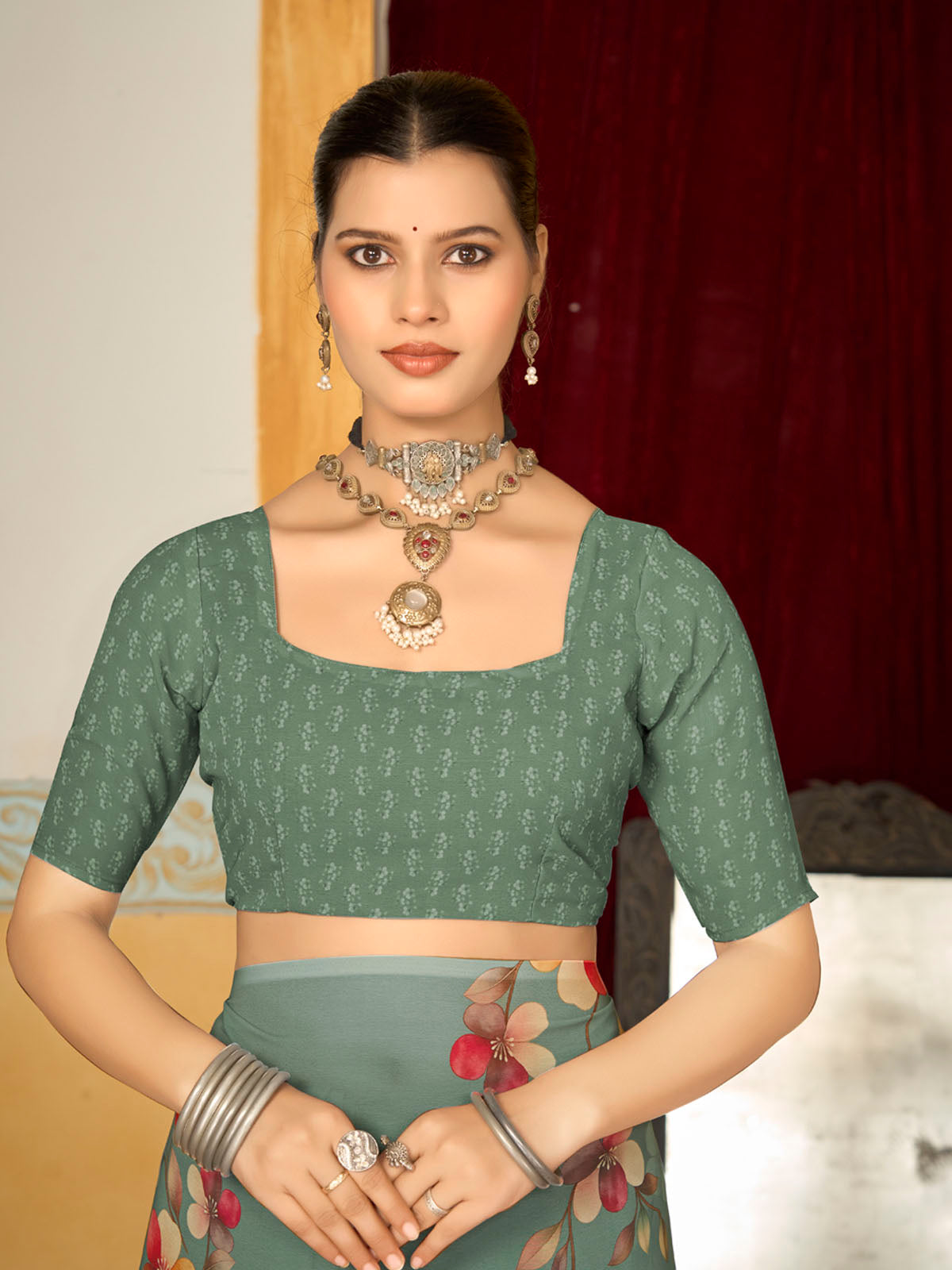 Riddhi - Olive Green Georgette Floral Digital Printed Saree