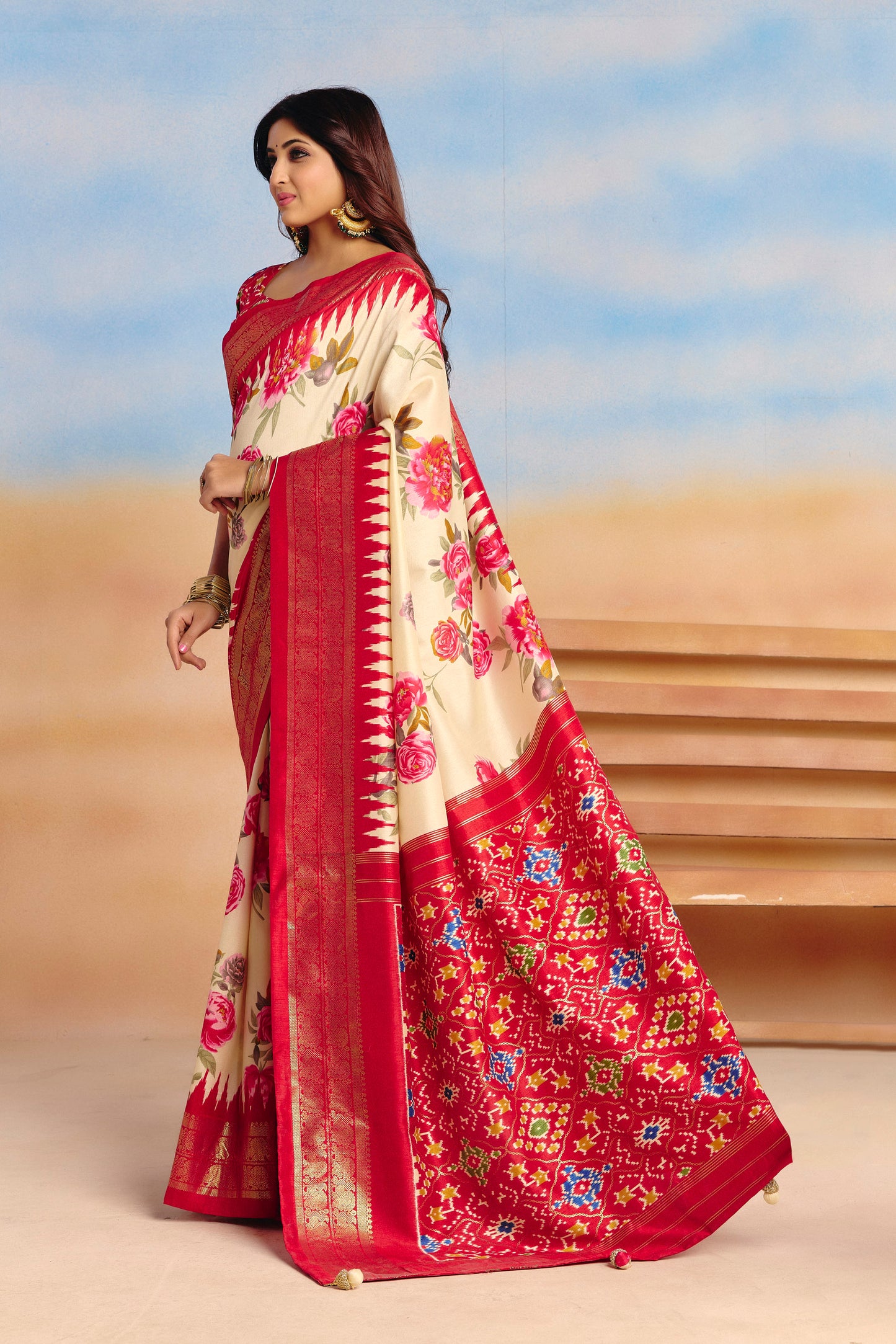 Rangrekha - Cream Floral Printed Soft Silk Saree