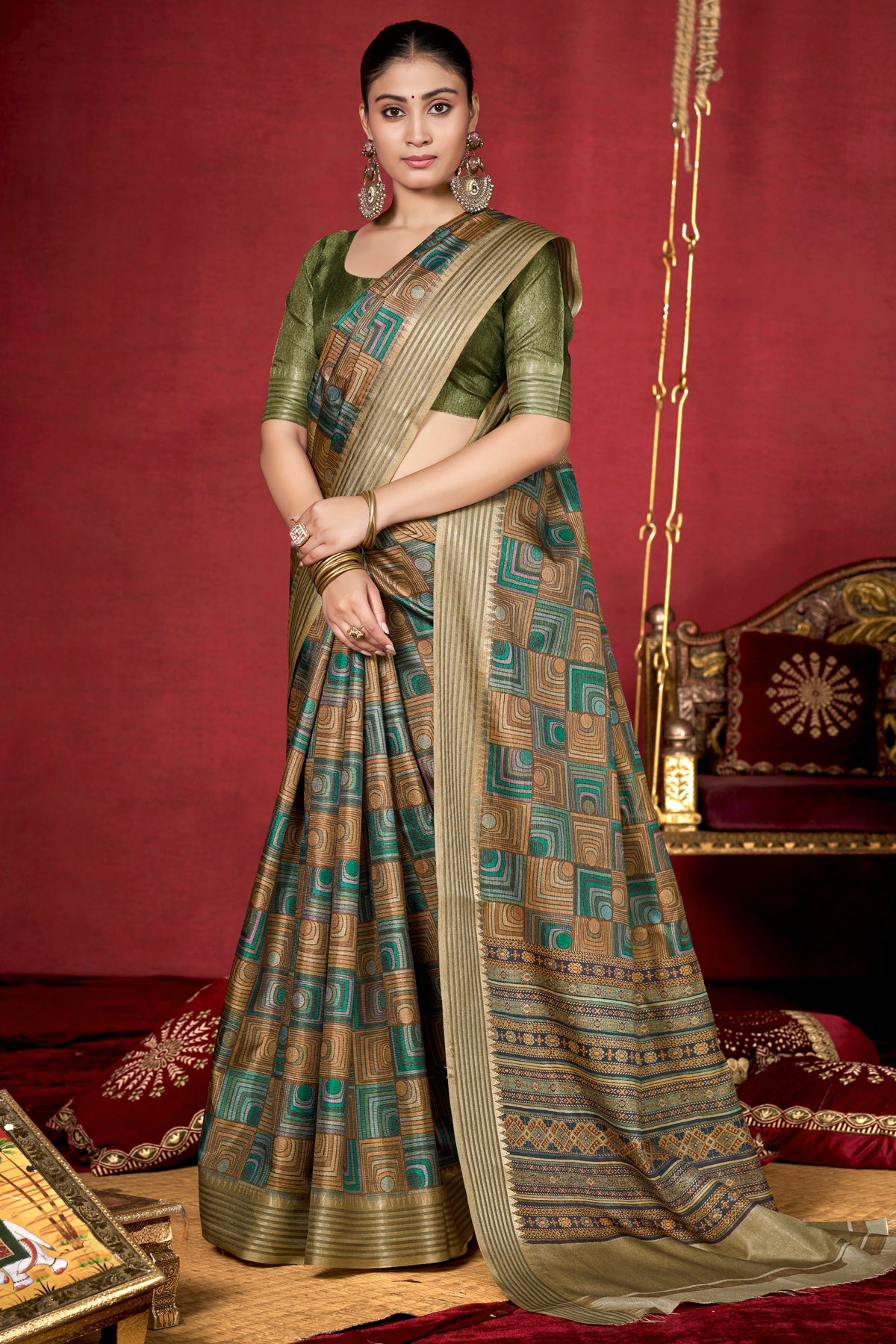 Veera - Green Soft Silk Digital Printed Saree with Woven Border