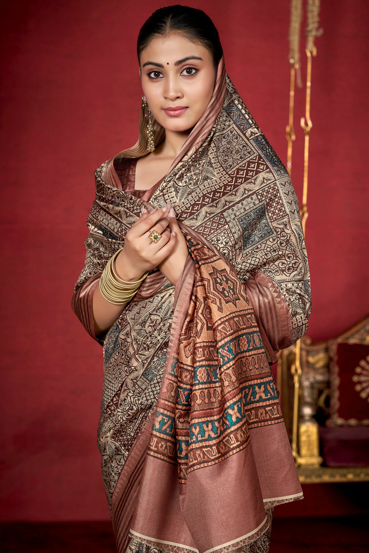Veera - Bronze Soft Silk Digital Printed Saree with Woven Border