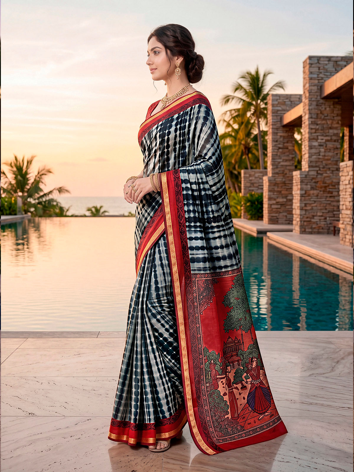 Monalisa - Black Printed Liva Cotton Silk Saree