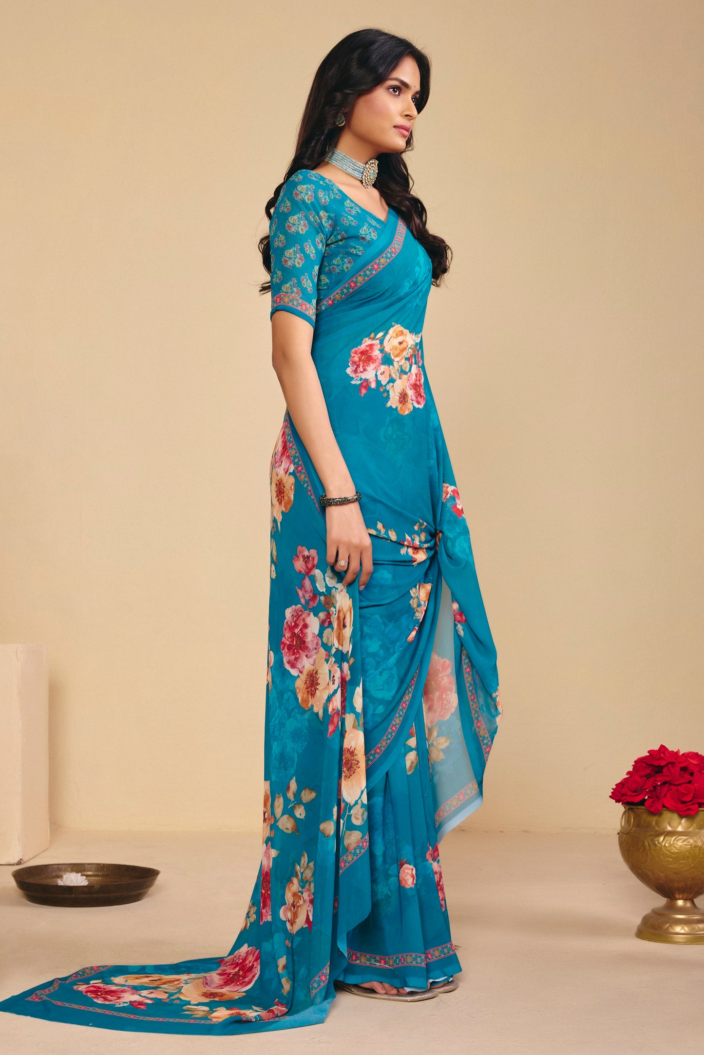 Twisha - Firozi Georgette Digital Printed Saree