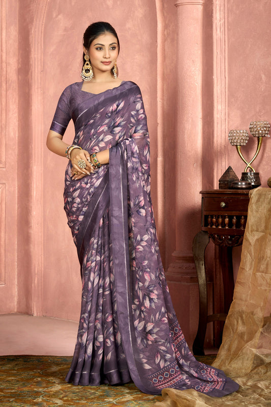 Samriddhi – Violet Moss Georgette Digital Print Saree with Satin Patta Border