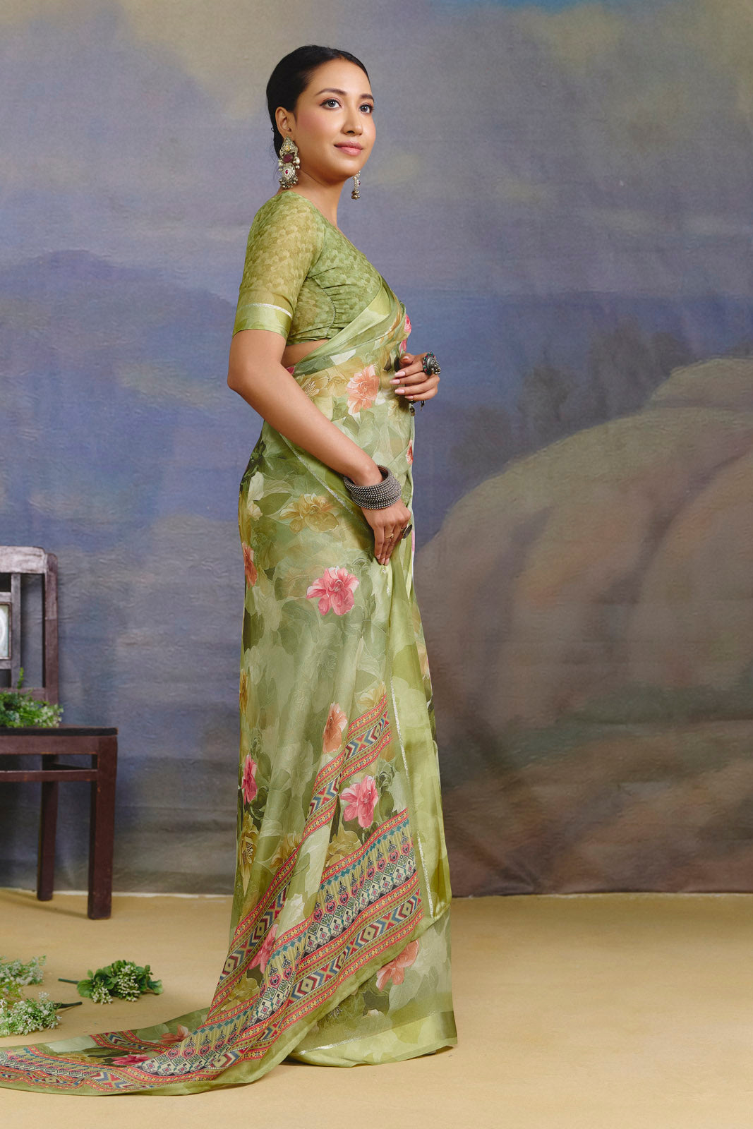 Samriddhi - Green Moss Georgette Digital Print Saree with Satin Patta Border