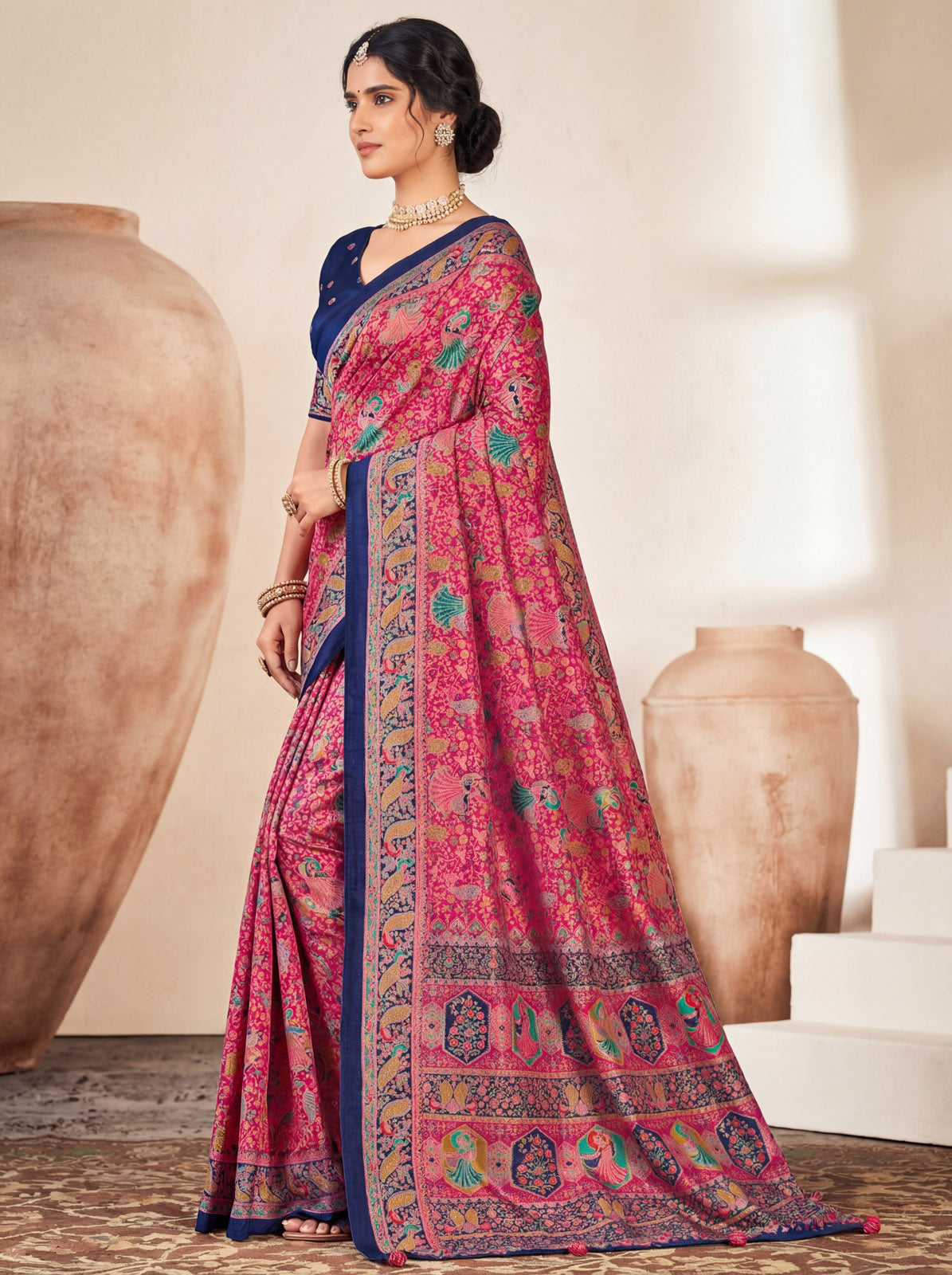 Kumuda - Pink Mysore Silk Jari Printed with Tessals