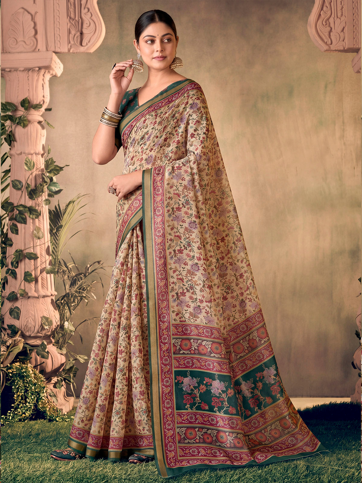 Amrapali - Cream Chanderi Cotton Digital Printed Saree with Zari Border