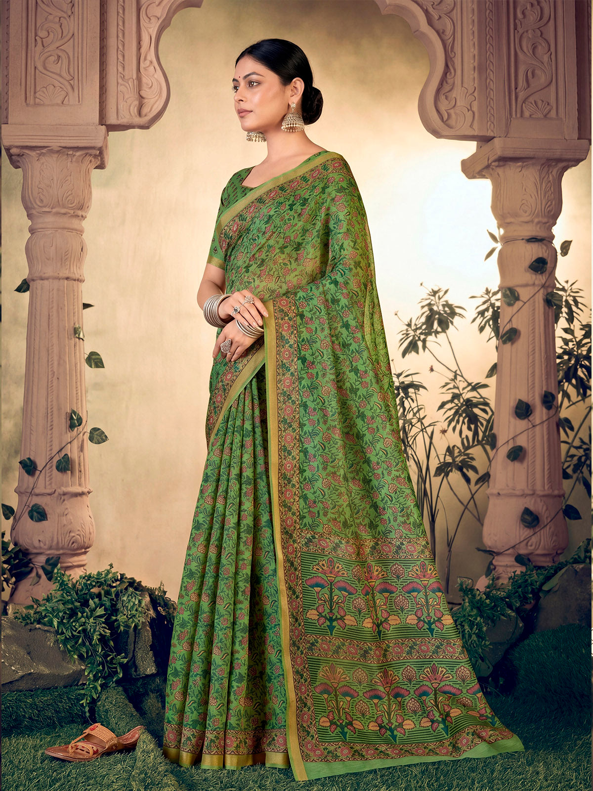 Amrapali - Green Chanderi Cotton Digital Printed Saree with Zari Border