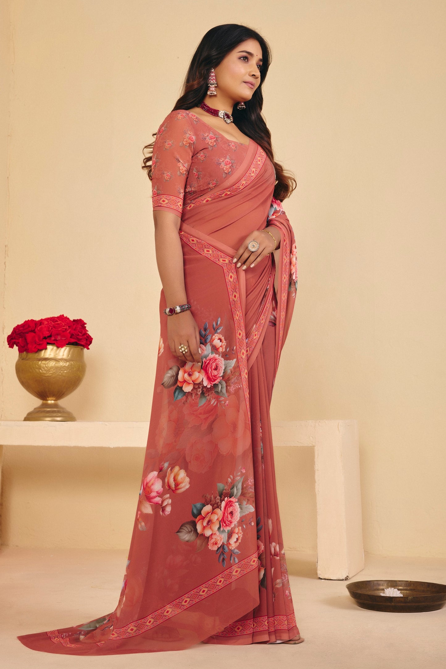 Twisha - Brown Georgette Digital Printed Saree