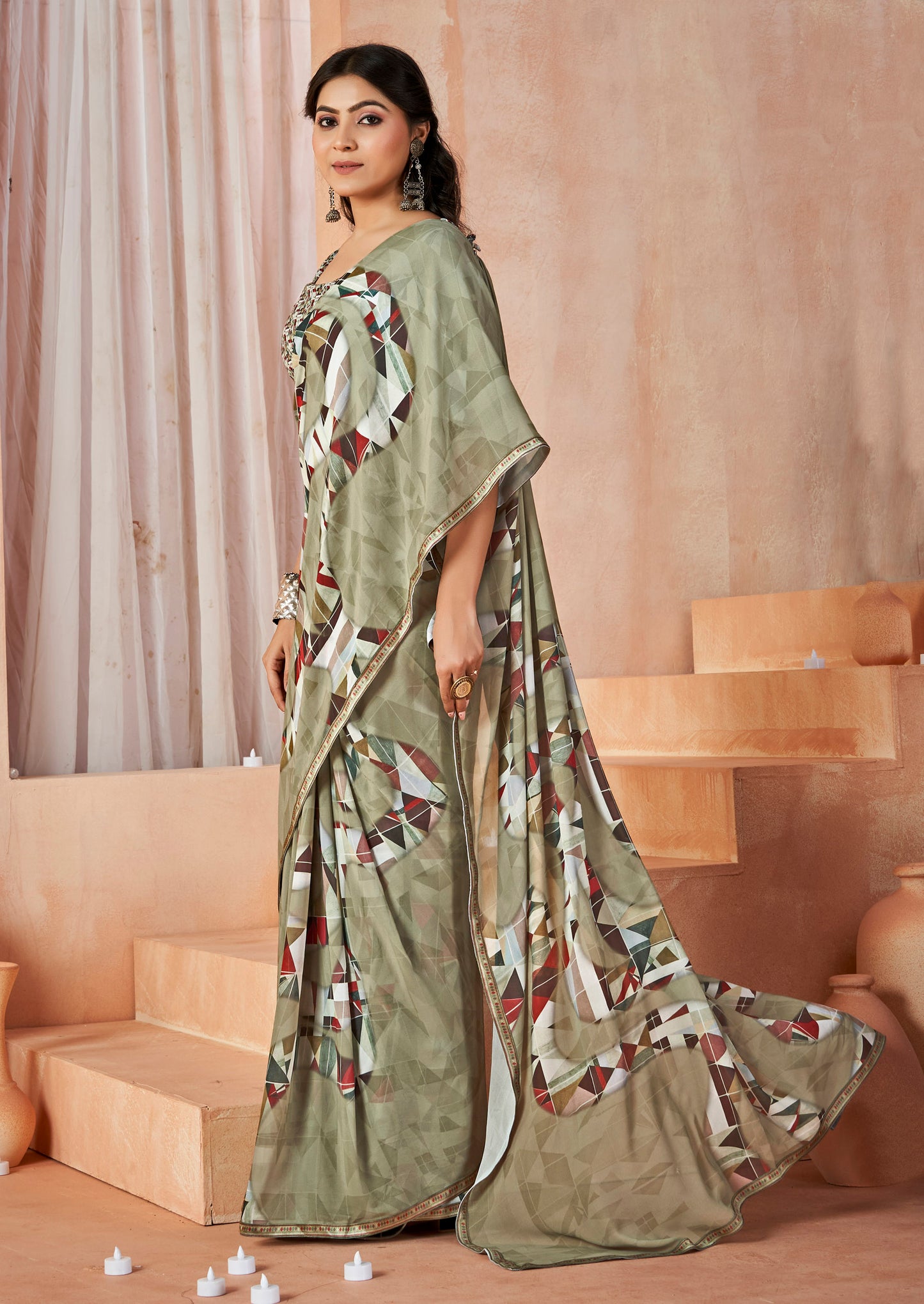 Sumedha - Olive Green Digital Printed Georgette Saree