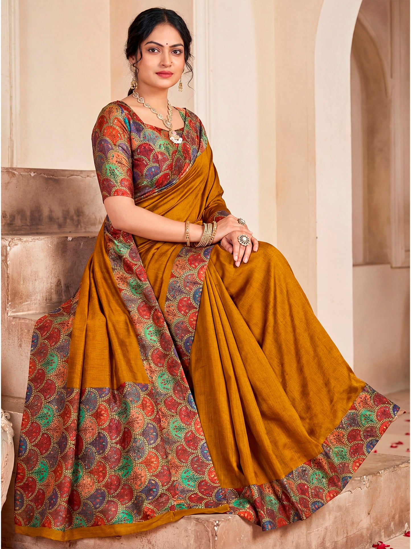 Ekvarna - Yellow Printed Chiffon Saree