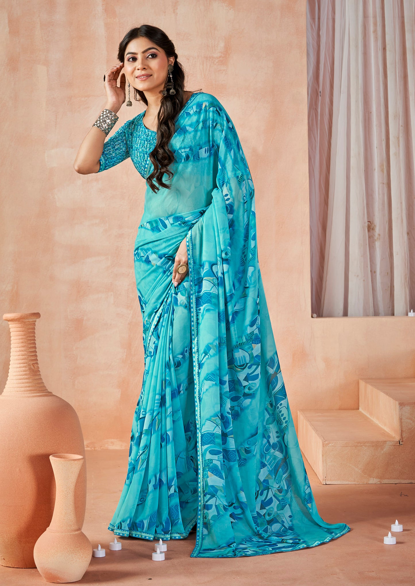 Sumedha - Sky Blue Digital Printed Georgette Saree