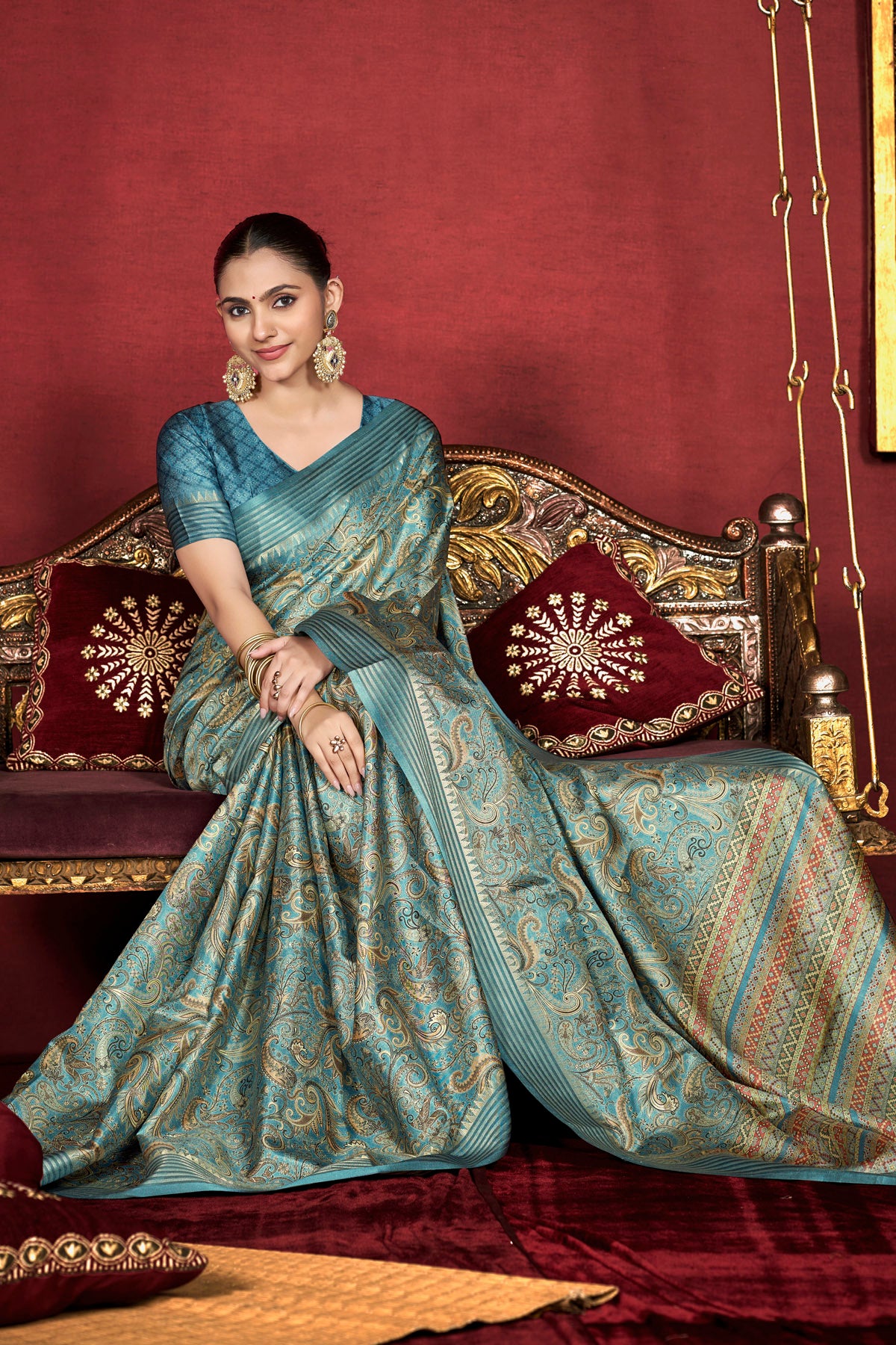 Veera - Blue Soft Silk Digital Printed Saree with Woven Border