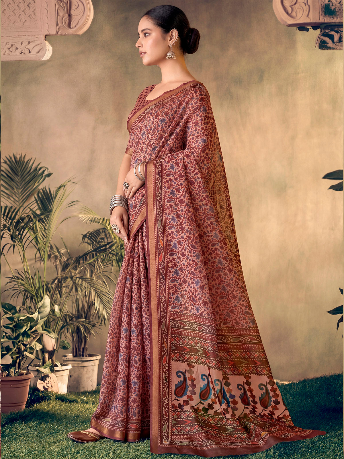 Amrapali - Pink Chanderi Cotton Digital Printed Saree with Zari Border