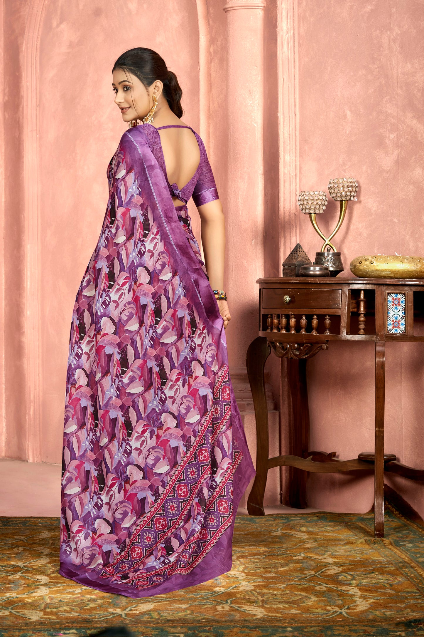 Samriddhi – Purple Moss Georgette Digital Print Saree with Satin Patta Border