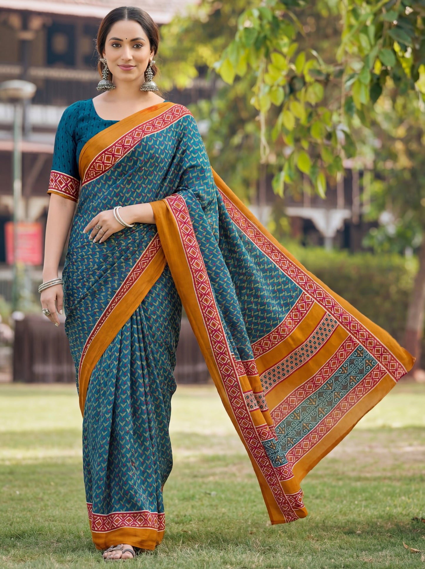 Rajkala - Aqua Blue Printed Crepe Silk Saree