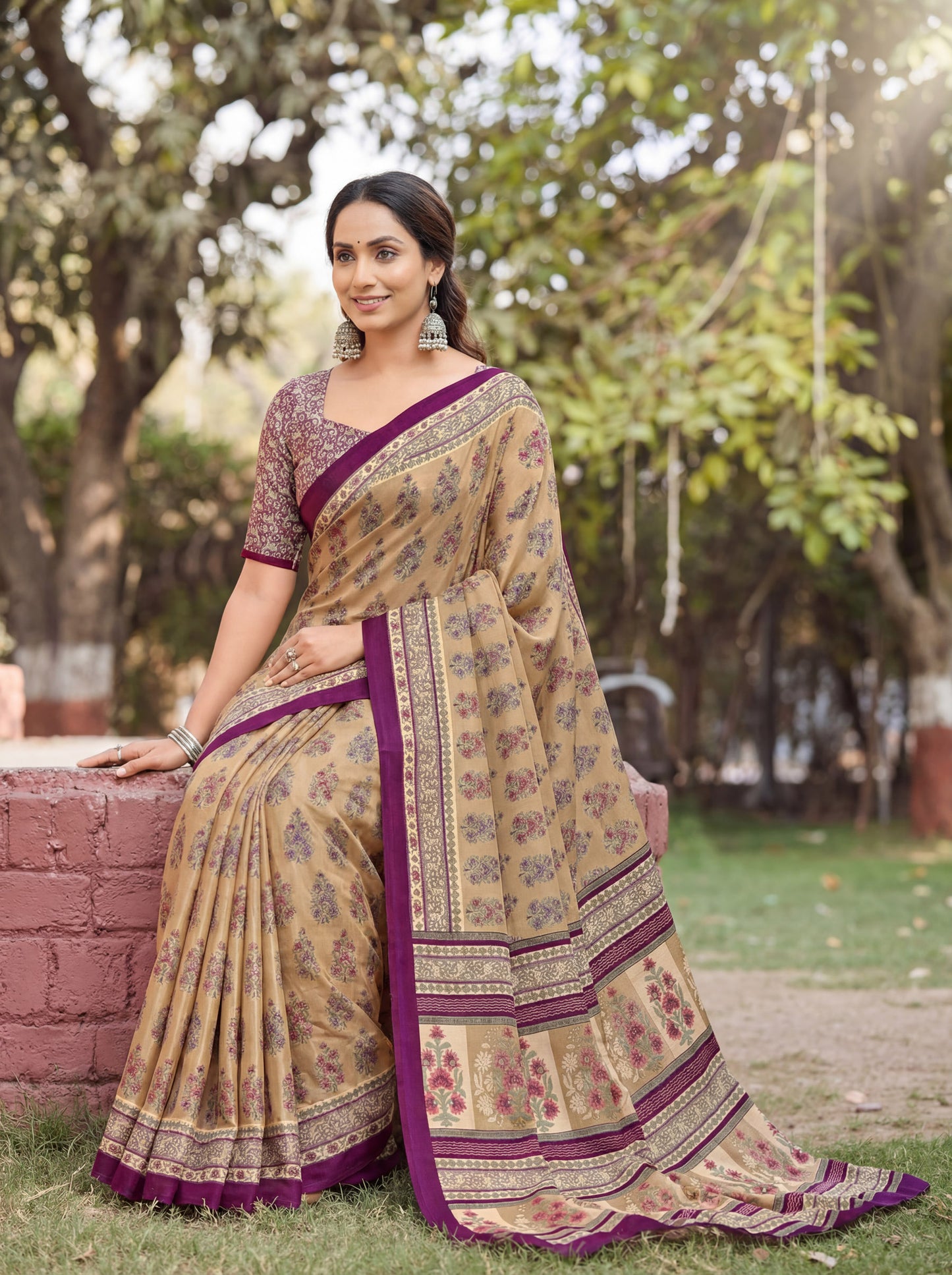 Rajkala - Beige Printed Crepe Silk Saree