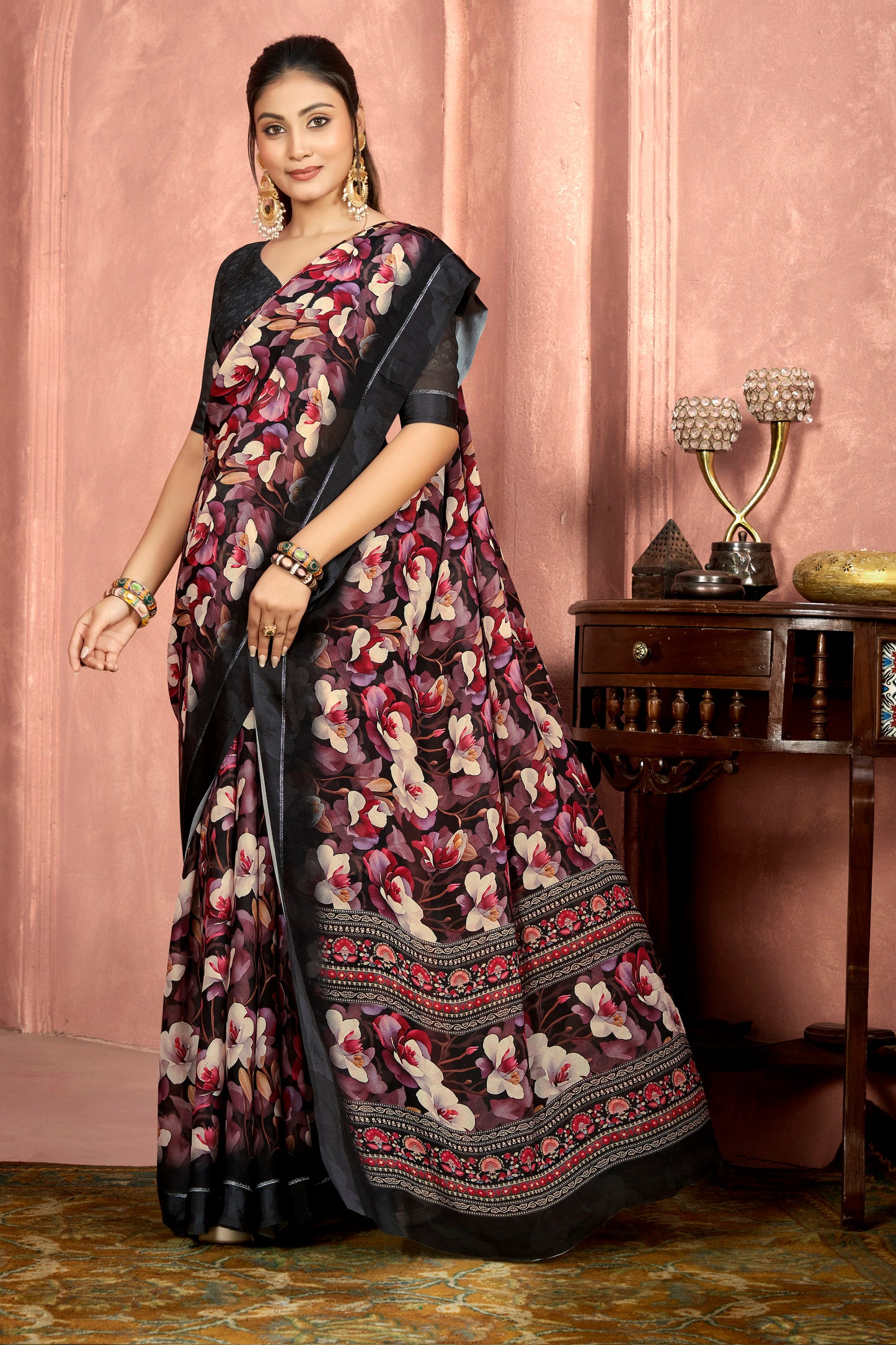 Samriddhi – Black Moss Georgette Digital Print Saree with Satin Patta Border