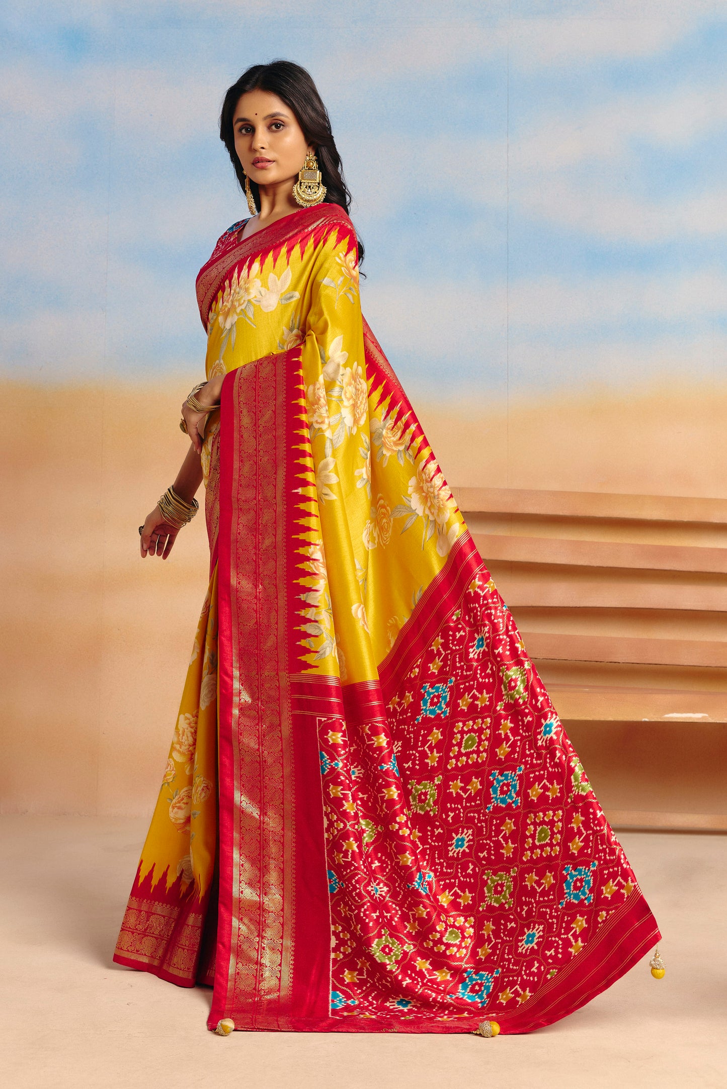 Rangrekha - Yellow Floral Printed Soft Silk Saree