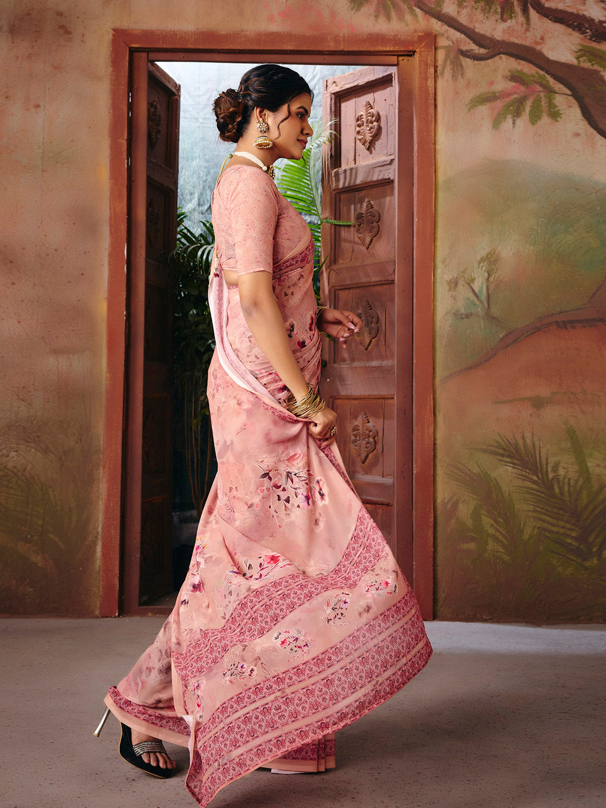Riddhi - Coral Georgette Floral Digital Printed Saree