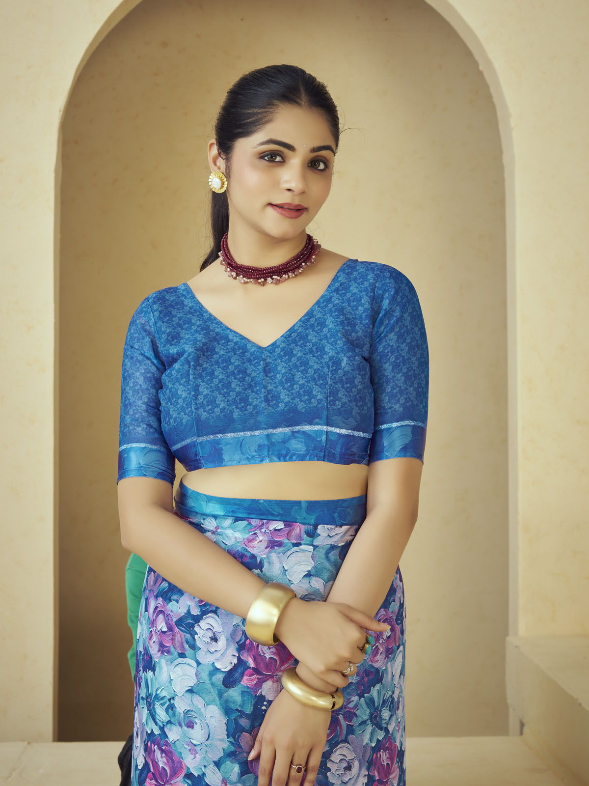 Samriddhi - Blue Moss Georgette Digital Print Saree with Satin Patta Border