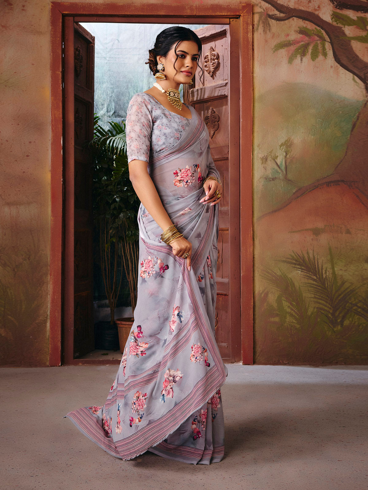 Riddhi - Slate Grey Georgette Floral Digital Printed Saree