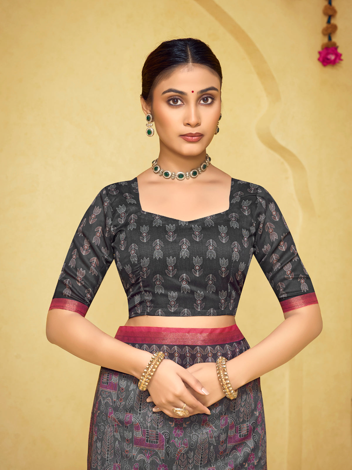 Amrapali - Grey Chanderi Cotton Digital Printed Saree with Zari Border