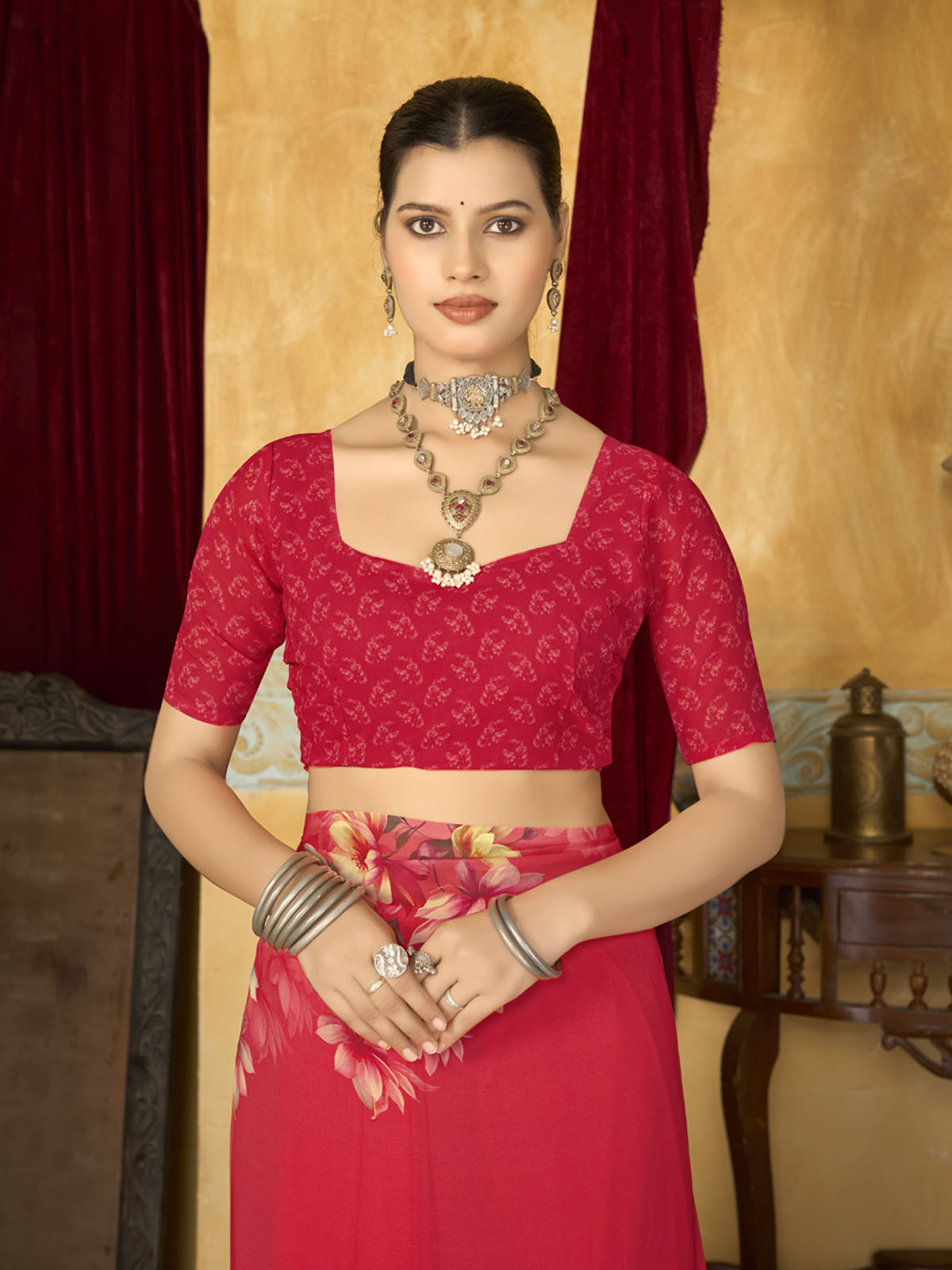 Riddhi - Red Georgette Floral Digital Printed Saree